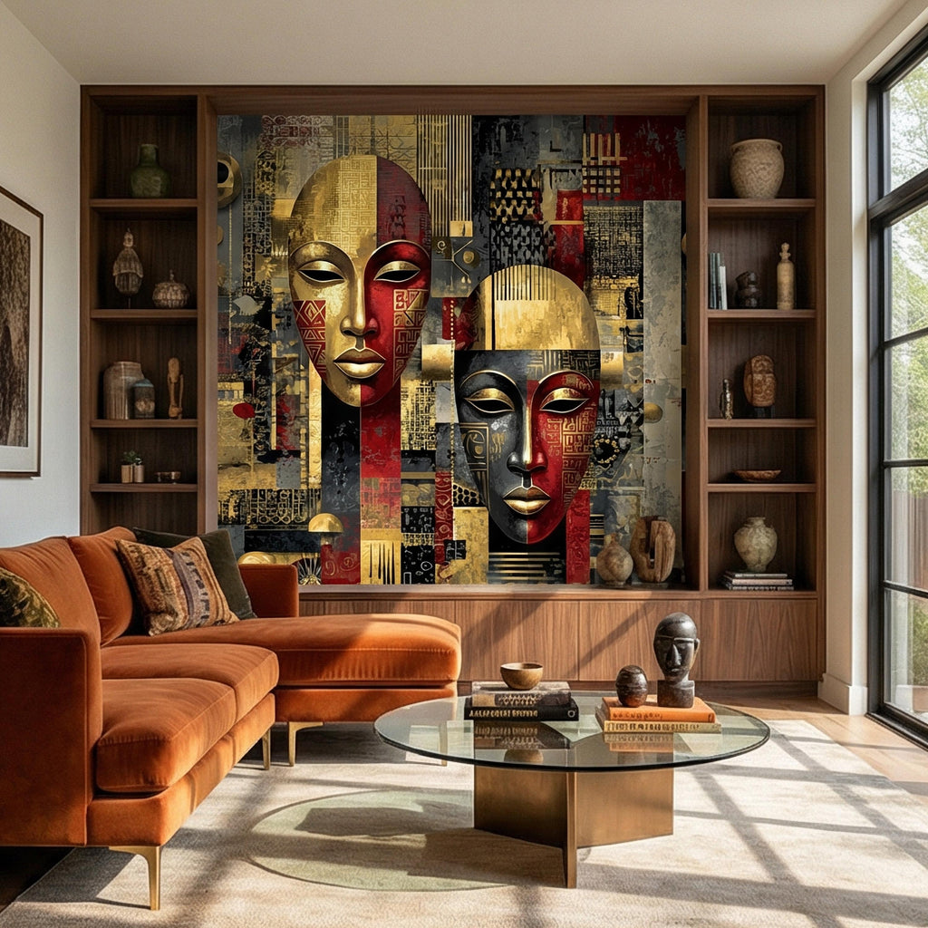 Tribal Mask Peel and Stick Wall Mural, Bold Abstract, Ethnic Geometric, Modern Cultural Statement Wallpaper