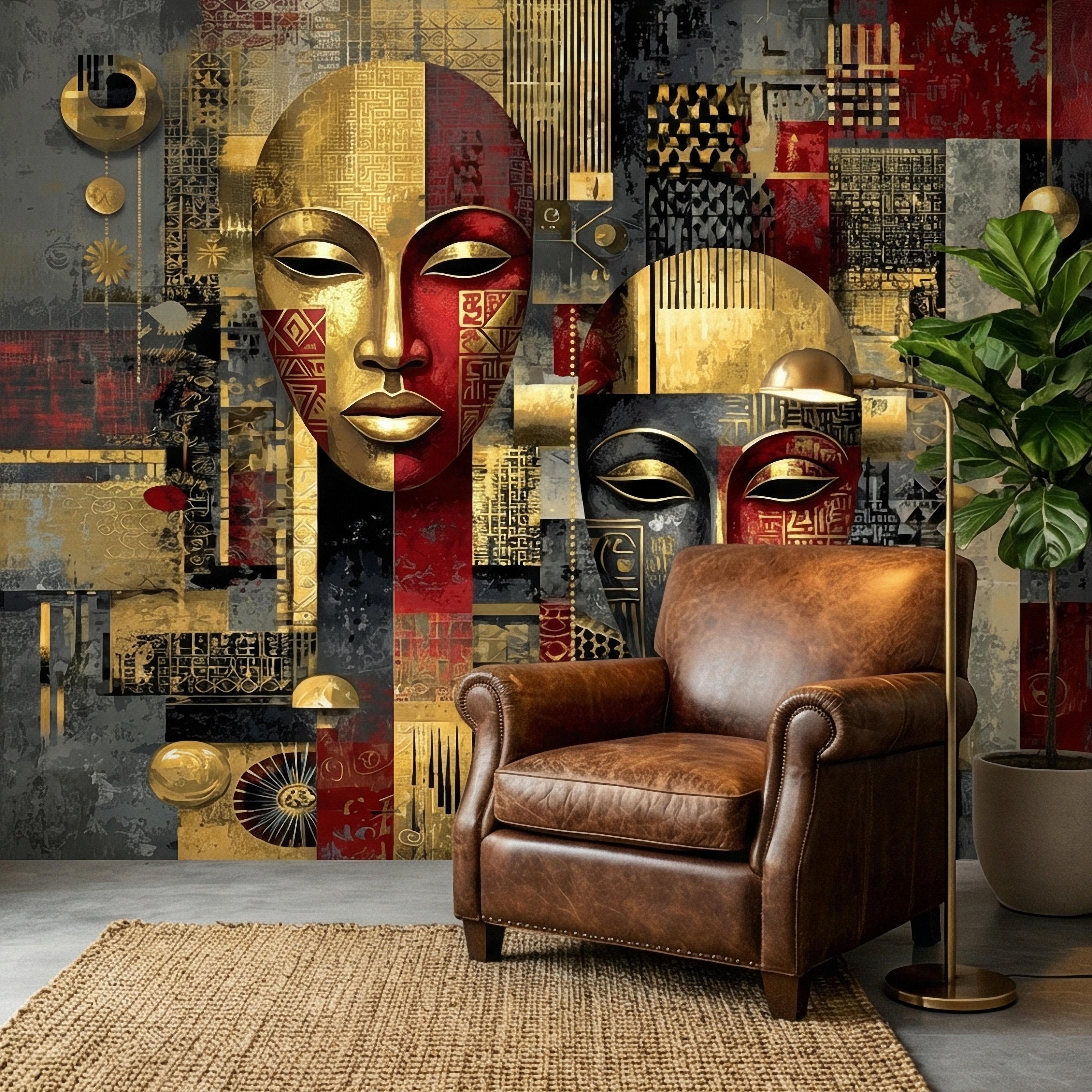 Tribal Mask Peel and Stick Wall Mural, Bold Abstract, Ethnic Geometric, Modern Cultural Statement Wallpaper