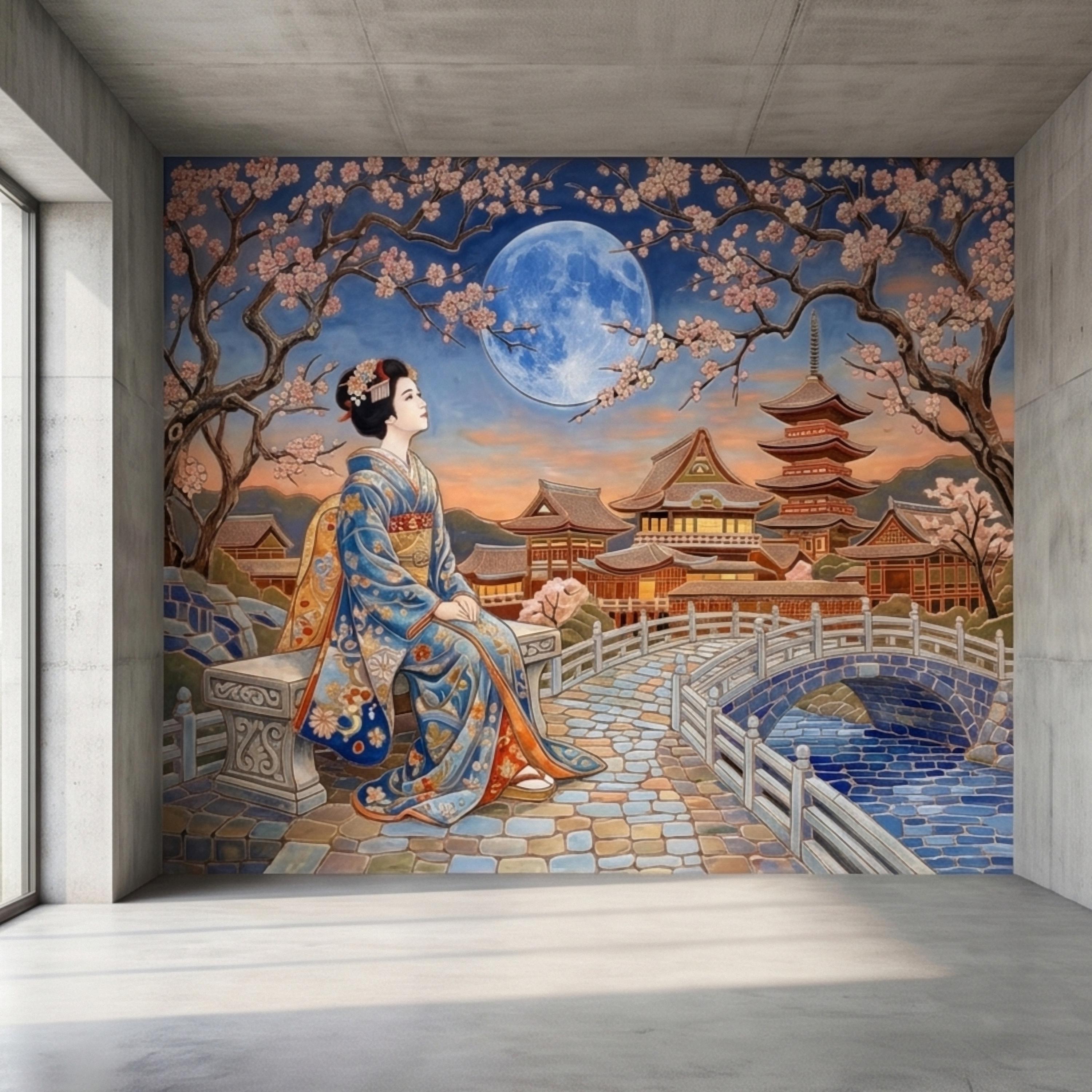 Japanese Geisha Under Sakura Cherry Blossoms Full Moon Peel and Stick Wall Mural, Kyoto Temple Pagoda Bridge Kimono Vintage Asian Wallpaper