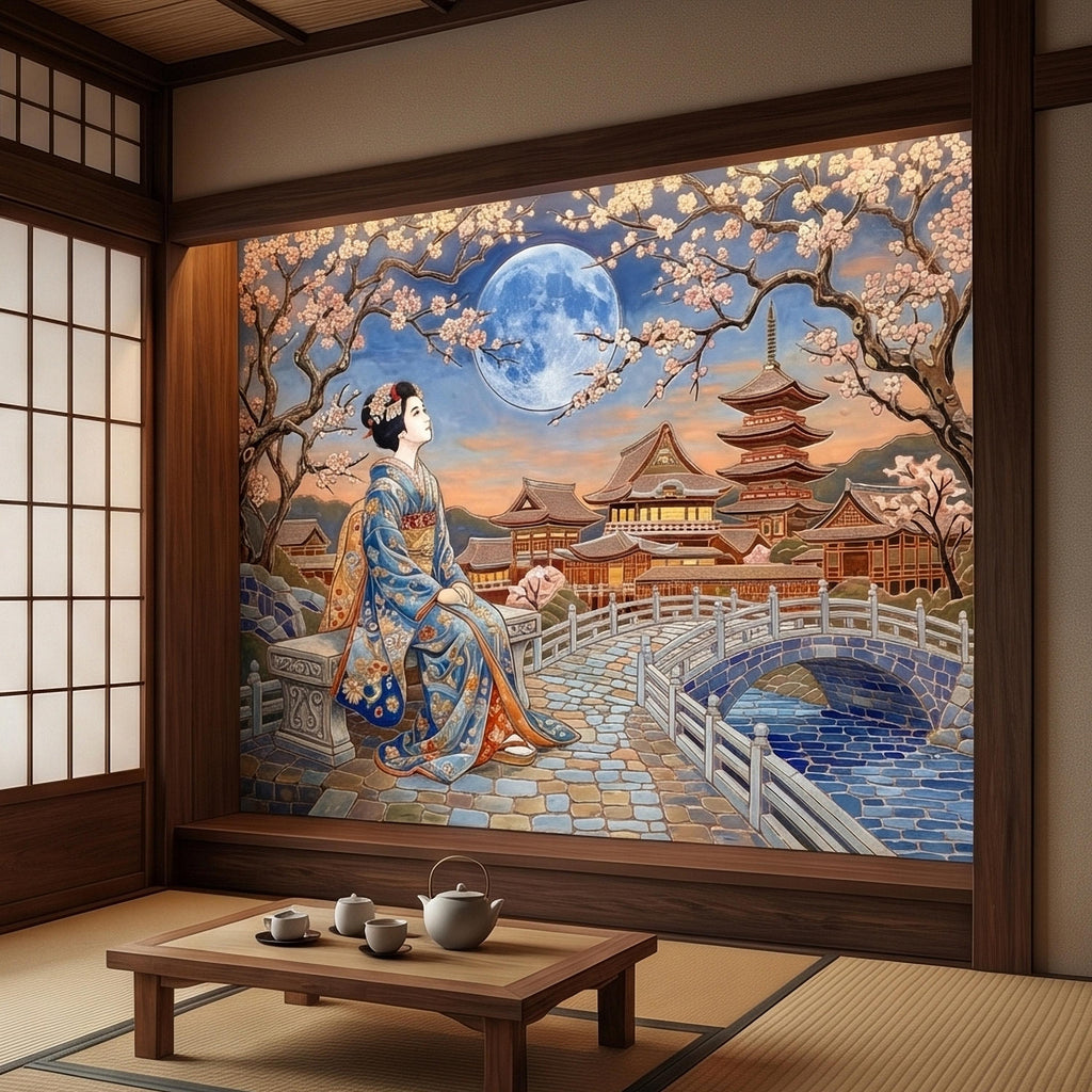 Japanese Geisha Under Sakura Cherry Blossoms Full Moon Peel and Stick Wall Mural, Kyoto Temple Pagoda Bridge Kimono Vintage Asian Wallpaper