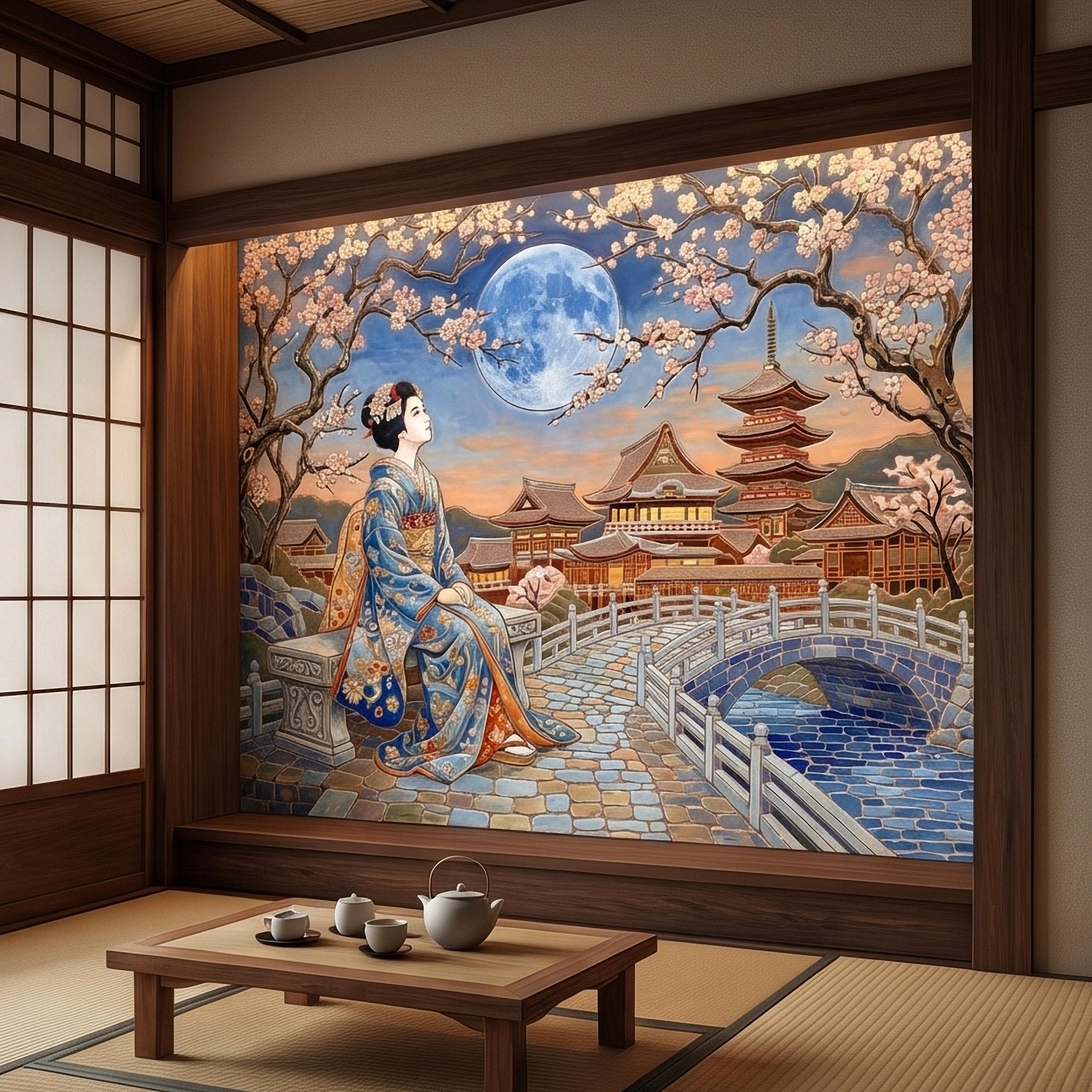 Japanese Geisha Under Sakura Cherry Blossoms Full Moon Peel and Stick Wall Mural, Kyoto Temple Pagoda Bridge Kimono Vintage Asian Wallpaper