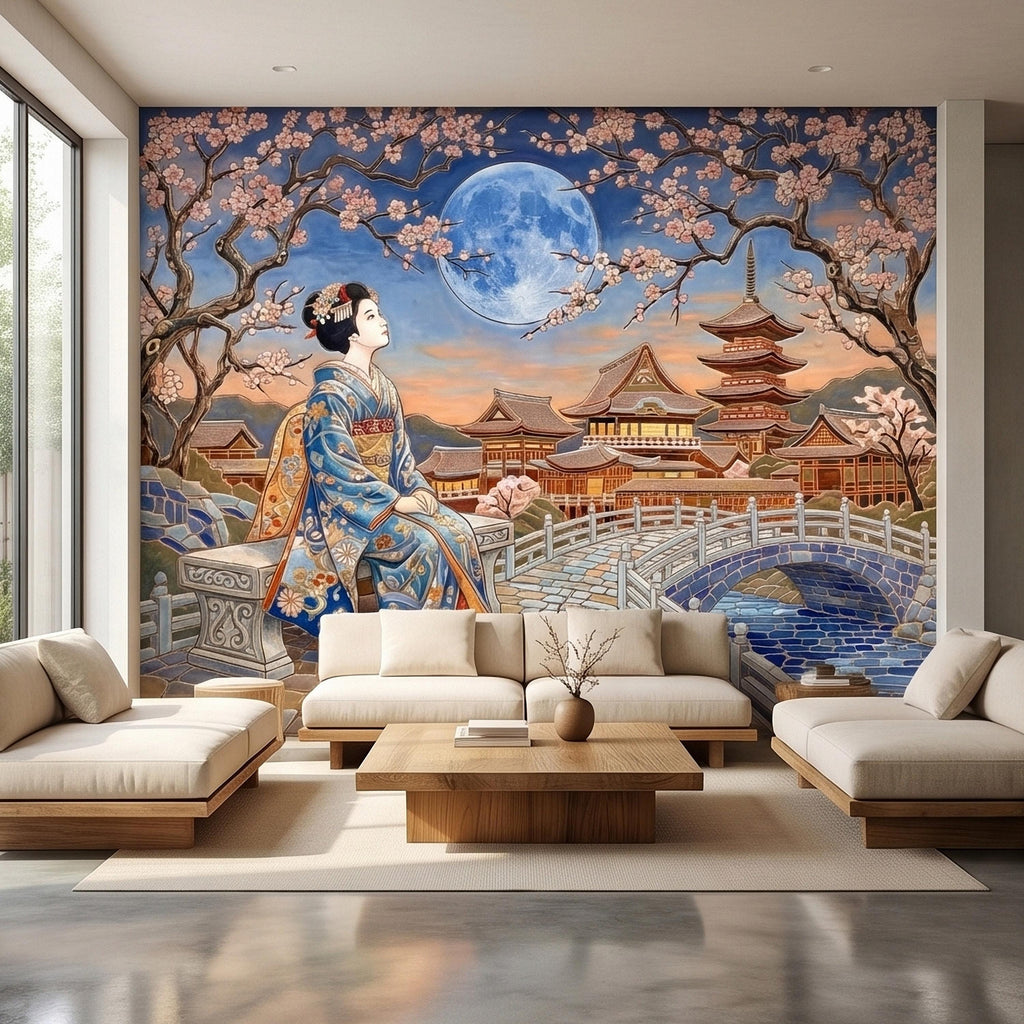 Japanese Geisha Under Sakura Cherry Blossoms Full Moon Peel and Stick Wall Mural, Kyoto Temple Pagoda Bridge Kimono Vintage Asian Wallpaper