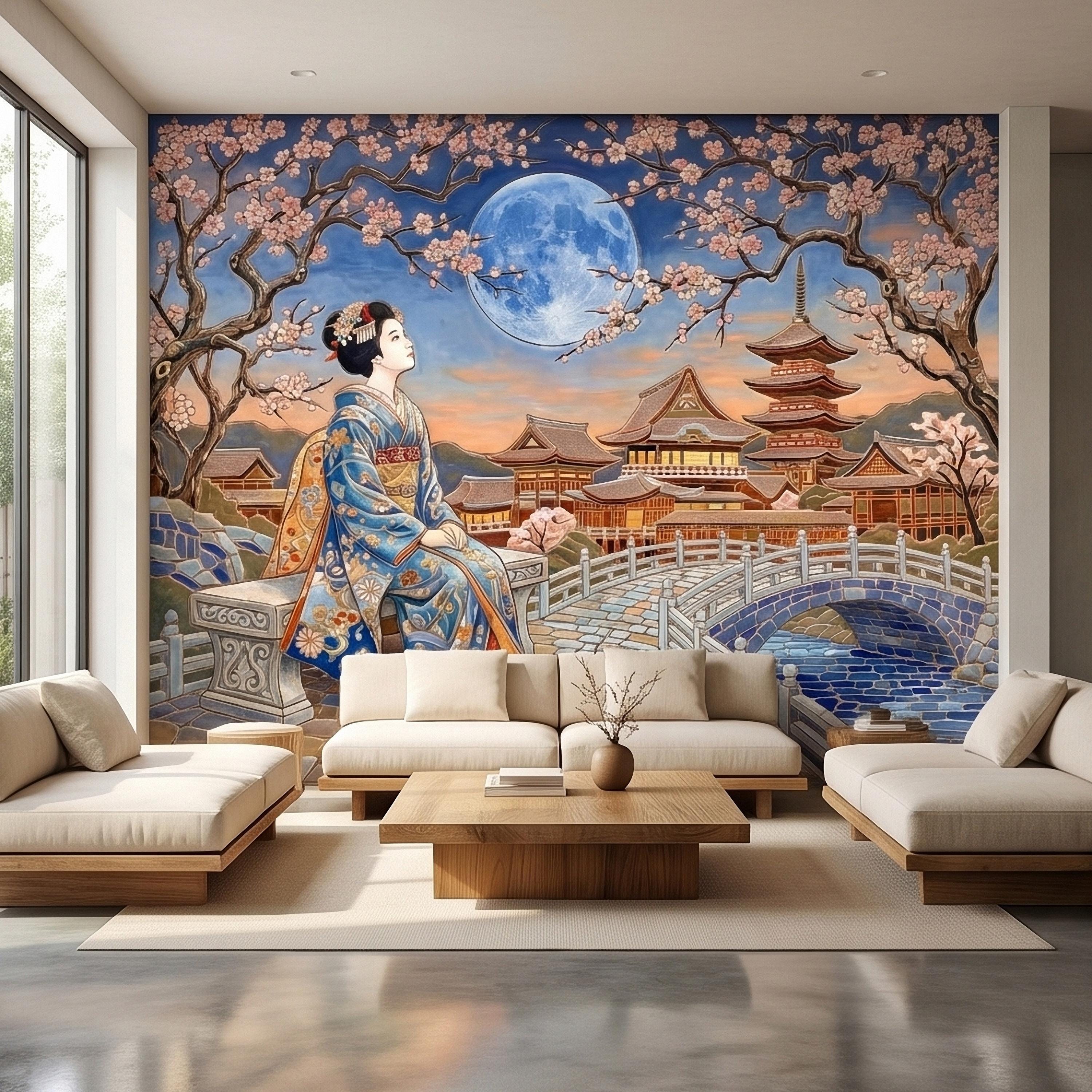 Japanese Geisha Under Sakura Cherry Blossoms Full Moon Peel and Stick Wall Mural, Kyoto Temple Pagoda Bridge Kimono Vintage Asian Wallpaper