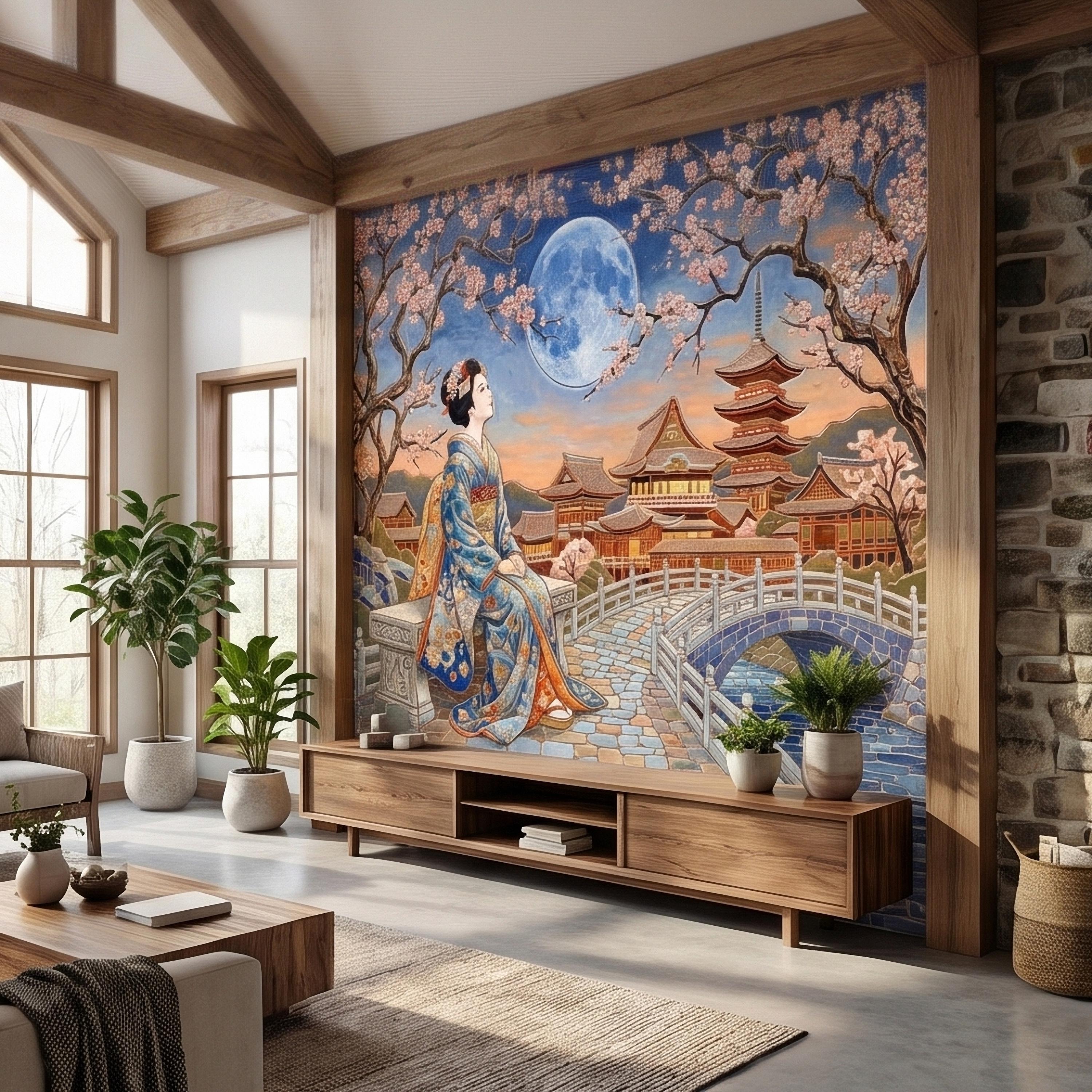 Japanese Geisha Under Sakura Cherry Blossoms Full Moon Peel and Stick Wall Mural, Kyoto Temple Pagoda Bridge Kimono Vintage Asian Wallpaper