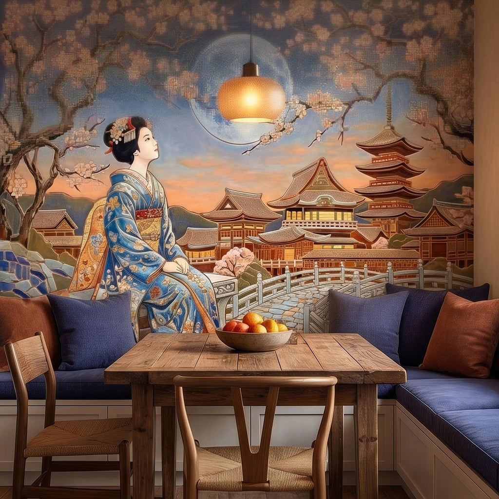 Japanese Geisha Under Sakura Cherry Blossoms Full Moon Peel and Stick Wall Mural, Kyoto Temple Pagoda Bridge Kimono Vintage Asian Wallpaper