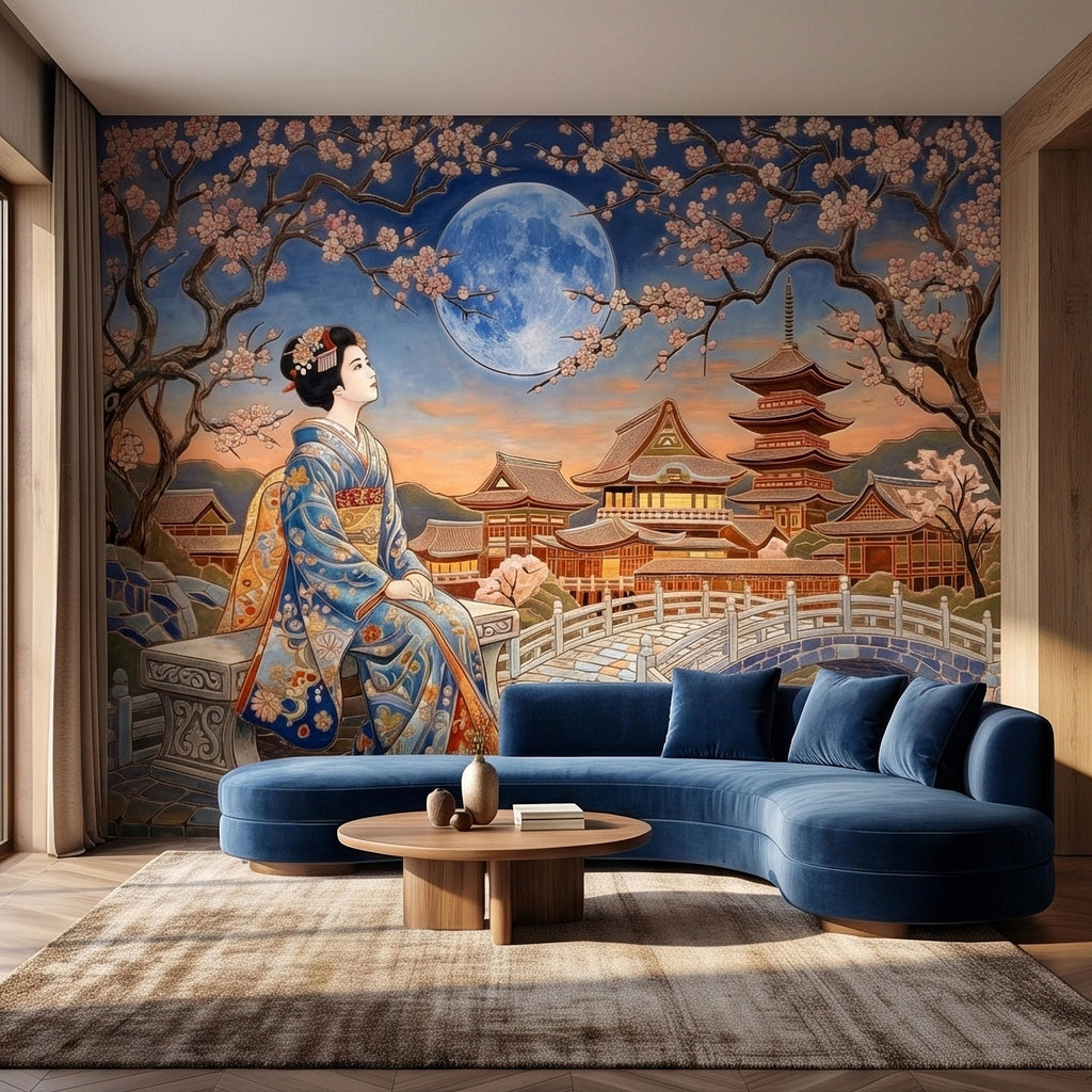 Japanese Geisha Under Sakura Cherry Blossoms Full Moon Peel and Stick Wall Mural, Kyoto Temple Pagoda Bridge Kimono Vintage Asian Wallpaper