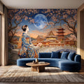 Japanese Geisha Under Sakura Cherry Blossoms Full Moon Peel and Stick Wall Mural, Kyoto Temple Pagoda Bridge Kimono Vintage Asian Wallpaper