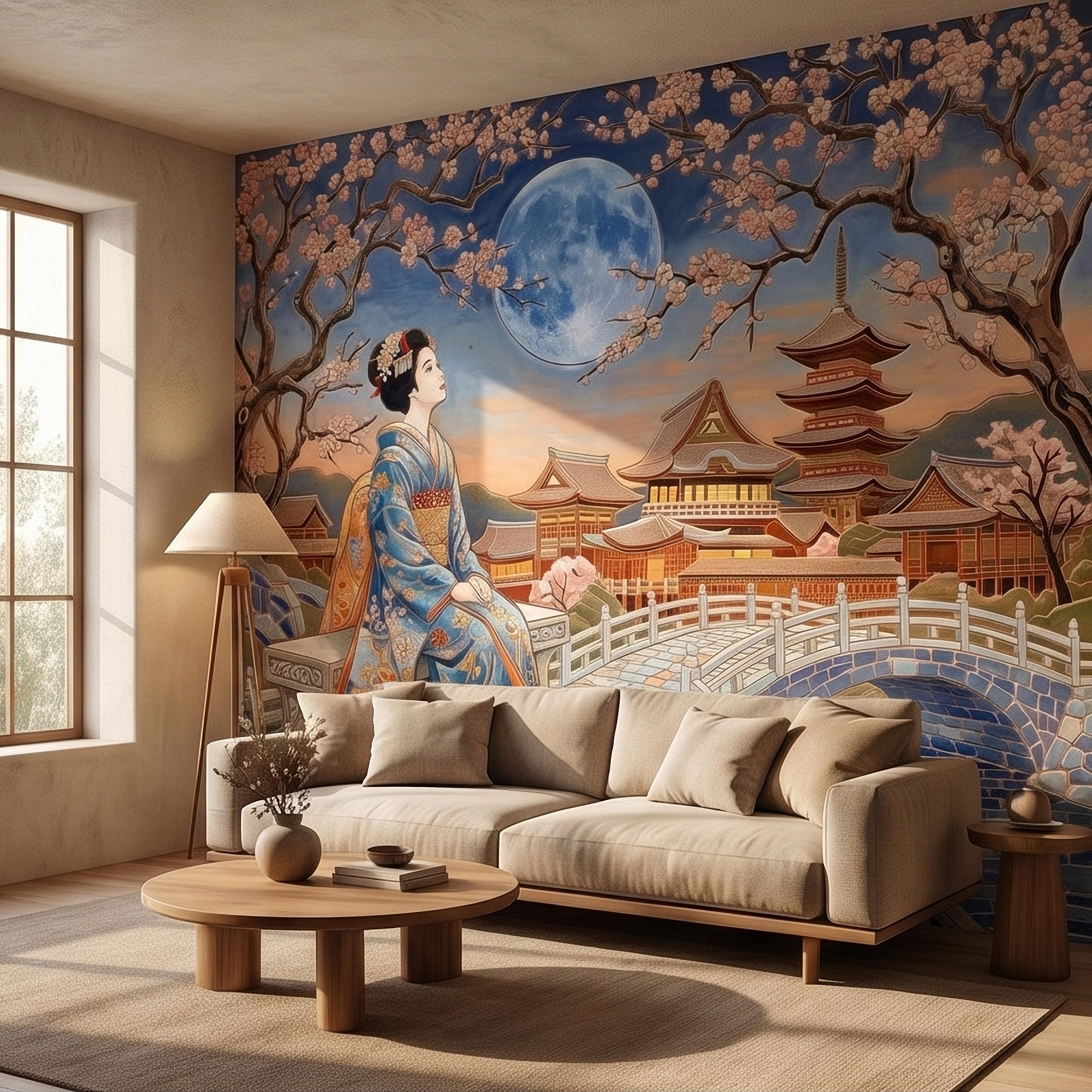 Japanese Geisha Under Sakura Cherry Blossoms Full Moon Peel and Stick Wall Mural, Kyoto Temple Pagoda Bridge Kimono Vintage Asian Wallpaper