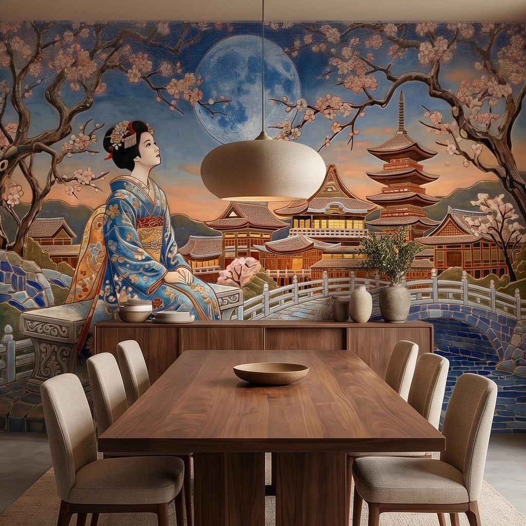 Japanese Geisha Under Sakura Cherry Blossoms Full Moon Peel and Stick Wall Mural, Kyoto Temple Pagoda Bridge Kimono Vintage Asian Wallpaper