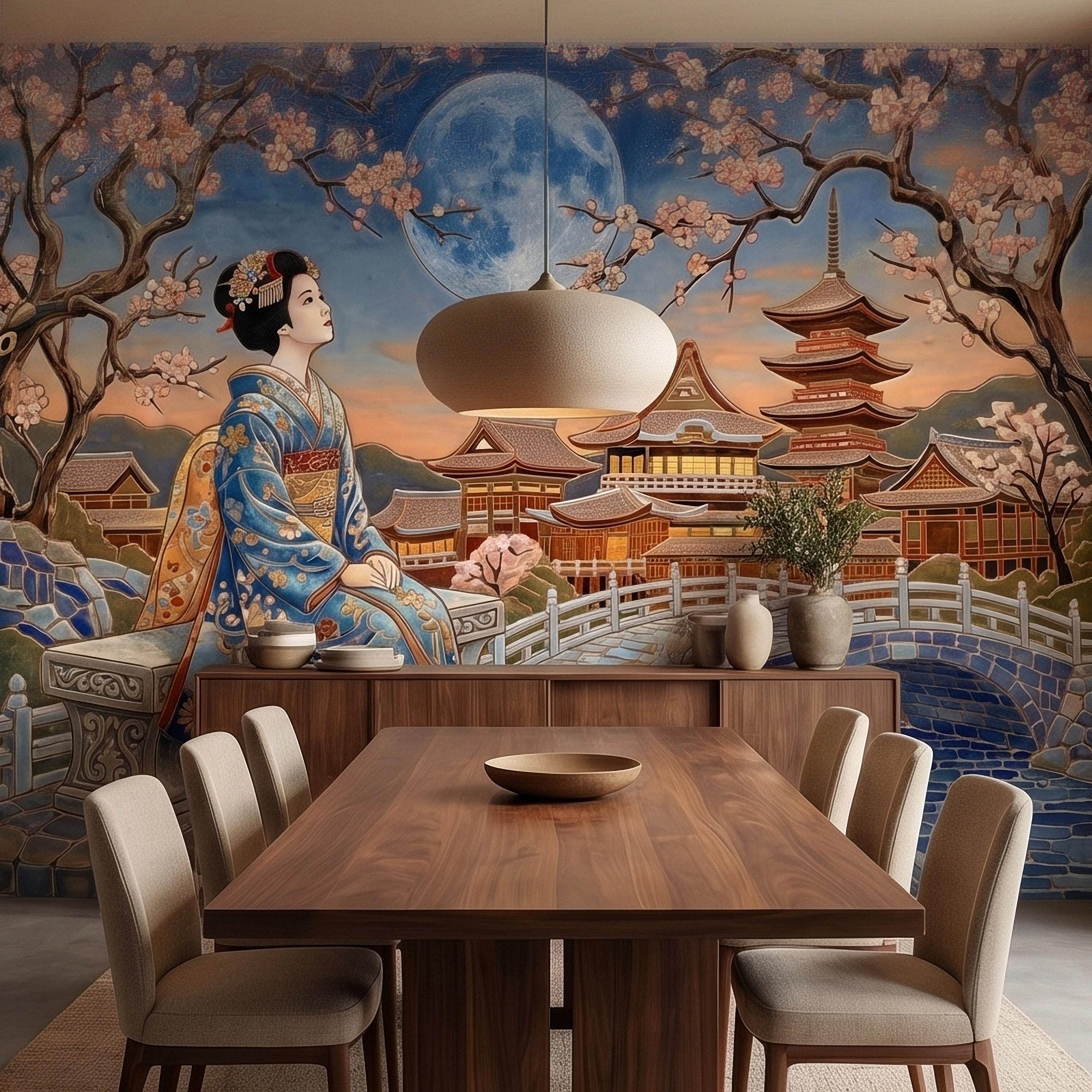 Japanese Geisha Under Sakura Cherry Blossoms Full Moon Peel and Stick Wall Mural, Kyoto Temple Pagoda Bridge Kimono Vintage Asian Wallpaper