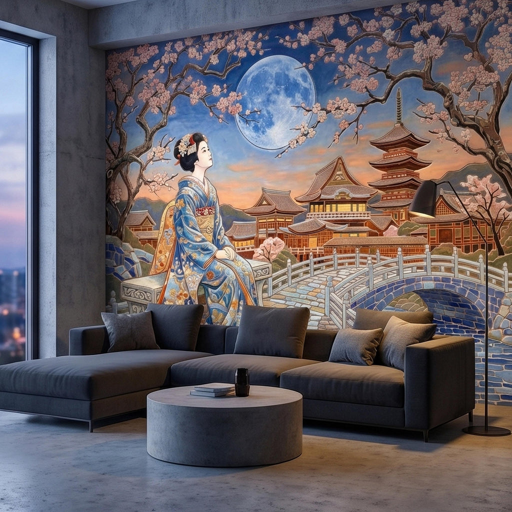 Japanese Geisha Under Sakura Cherry Blossoms Full Moon Peel and Stick Wall Mural, Kyoto Temple Pagoda Bridge Kimono Vintage Asian Wallpaper