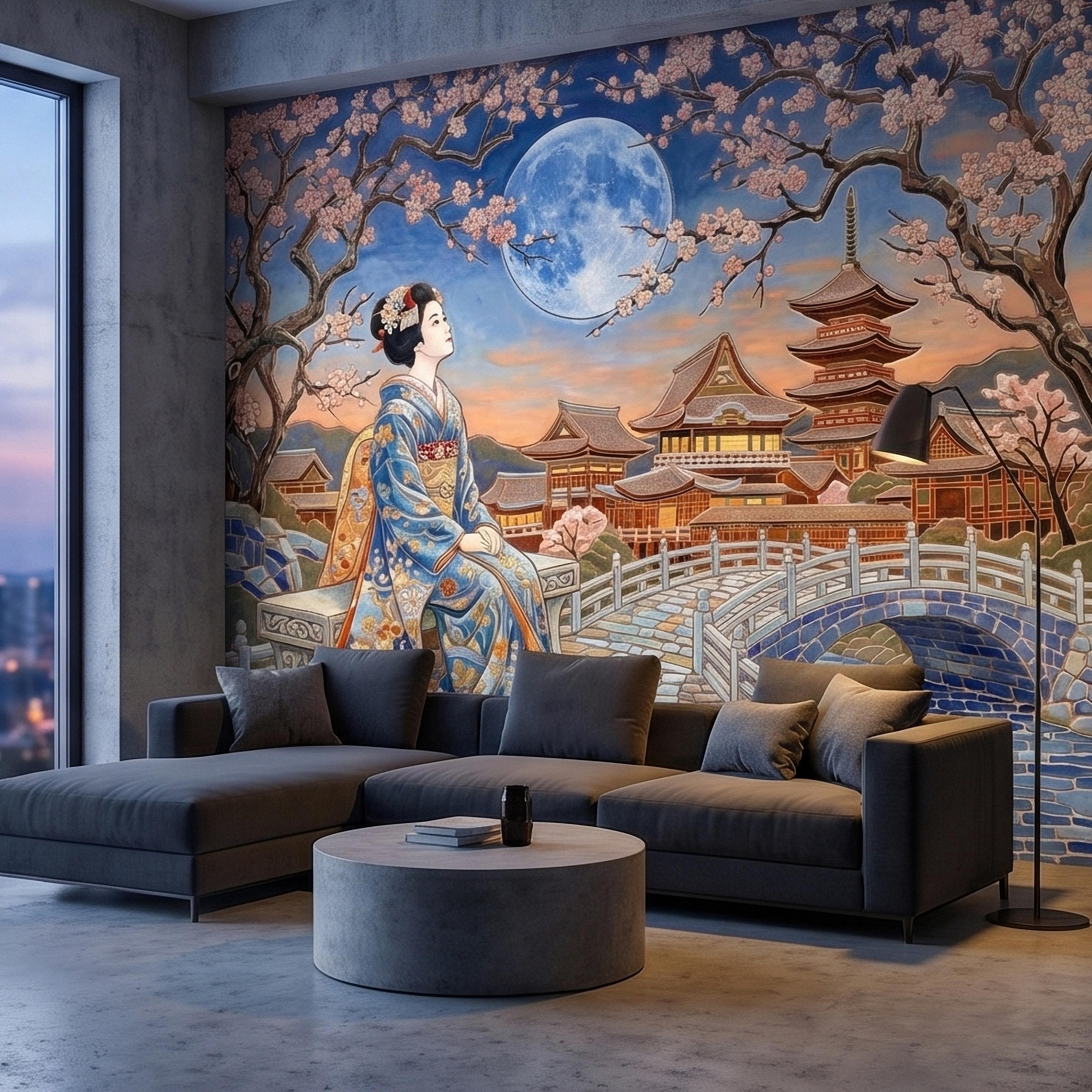 Japanese Geisha Under Sakura Cherry Blossoms Full Moon Peel and Stick Wall Mural, Kyoto Temple Pagoda Bridge Kimono Vintage Asian Wallpaper