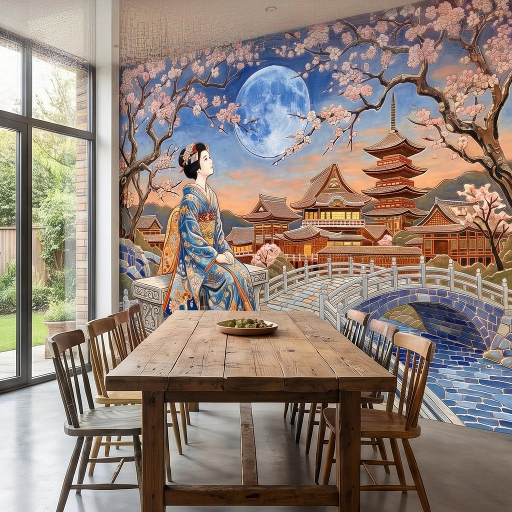 Japanese Geisha Under Sakura Cherry Blossoms Full Moon Peel and Stick Wall Mural, Kyoto Temple Pagoda Bridge Kimono Vintage Asian Wallpaper