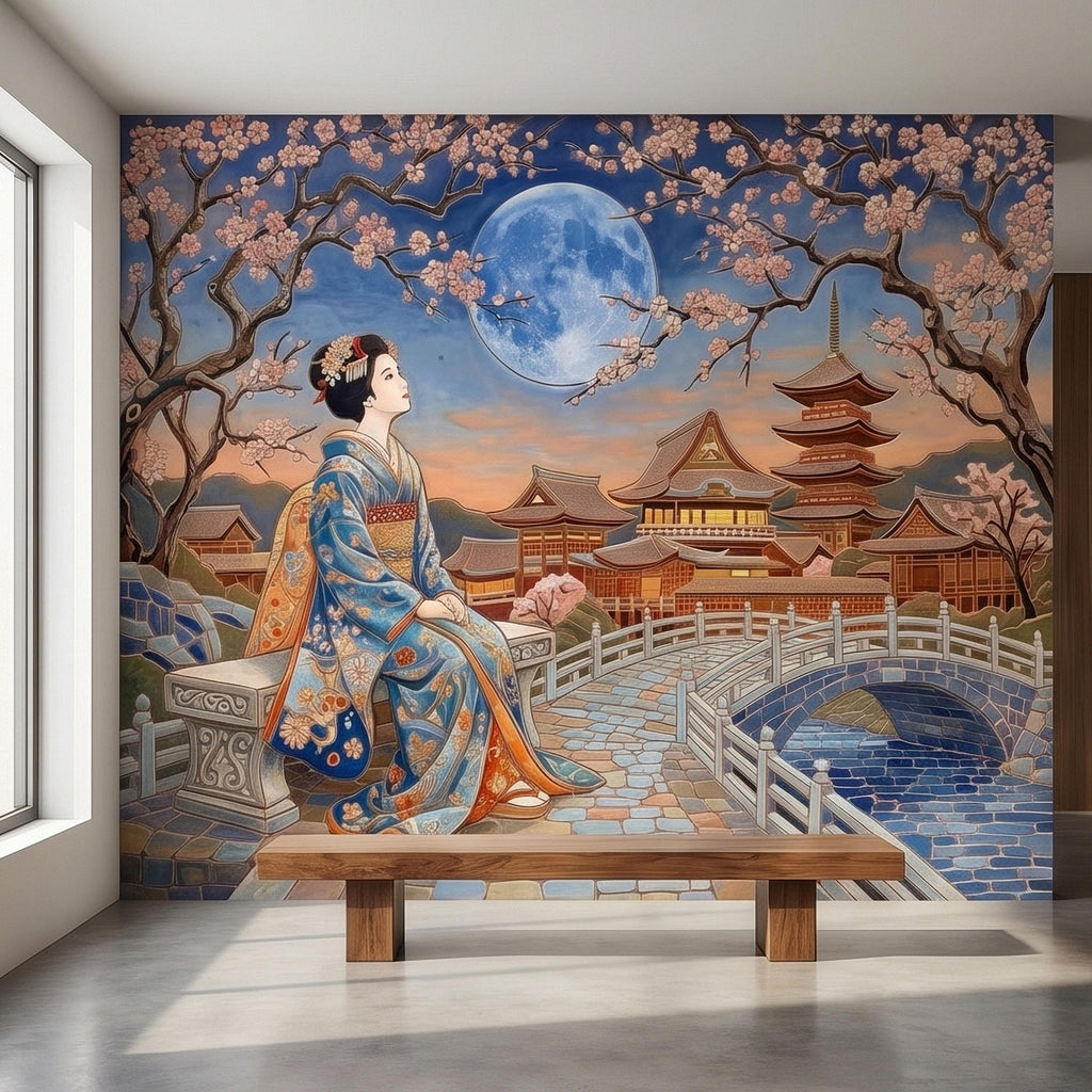 Japanese Geisha Under Sakura Cherry Blossoms Full Moon Peel and Stick Wall Mural, Kyoto Temple Pagoda Bridge Kimono Vintage Asian Wallpaper