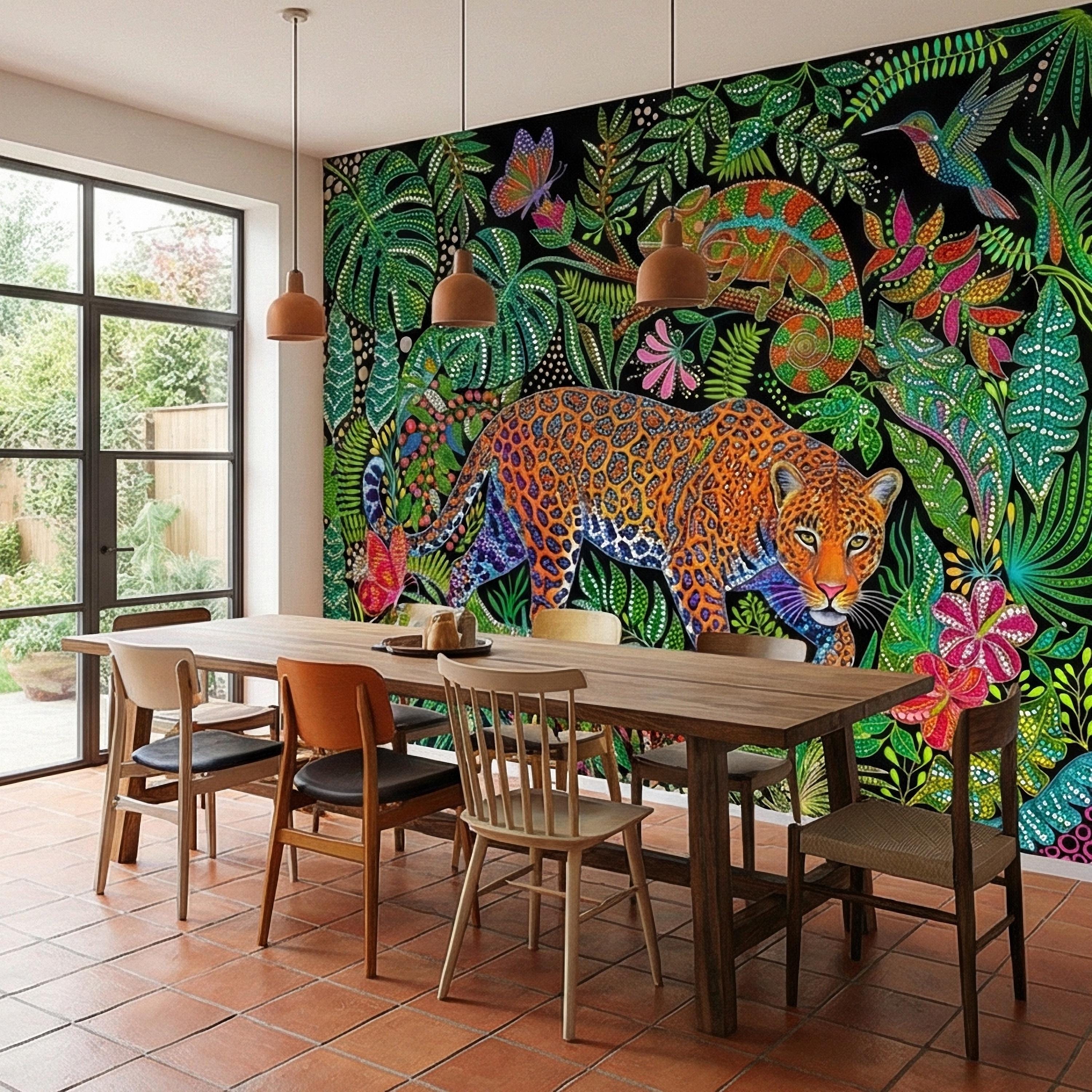Colorful Jungle Jaguar Peel and Stick Wall Mural, Tropical Chameleon Hummingbird Butterfly Folk Dot Art, Vibrant Black Rainforest Wallpaper