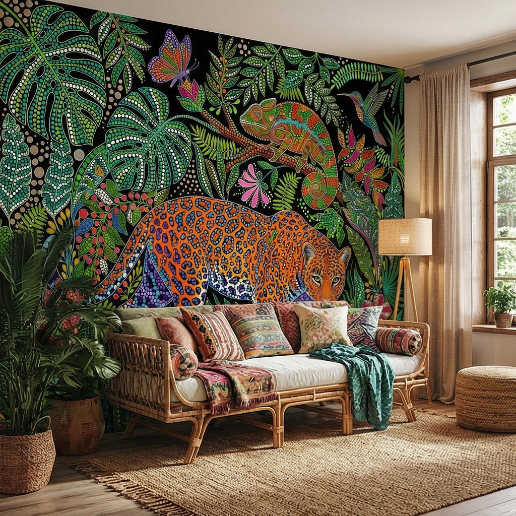Colorful Jungle Jaguar Peel and Stick Wall Mural, Tropical Chameleon Hummingbird Butterfly Folk Dot Art, Vibrant Black Rainforest Wallpaper