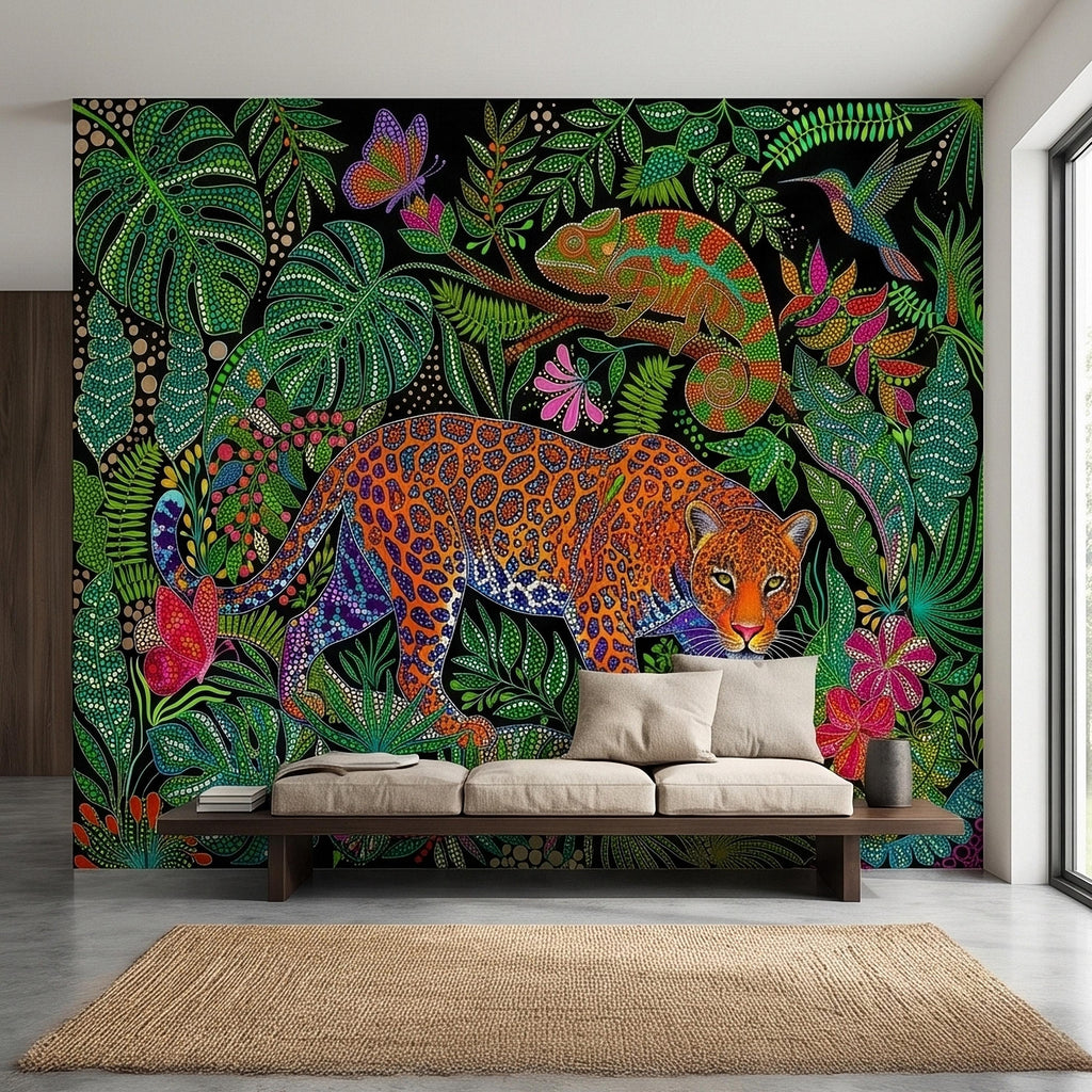 Colorful Jungle Jaguar Peel and Stick Wall Mural, Tropical Chameleon Hummingbird Butterfly Folk Dot Art, Vibrant Black Rainforest Wallpaper