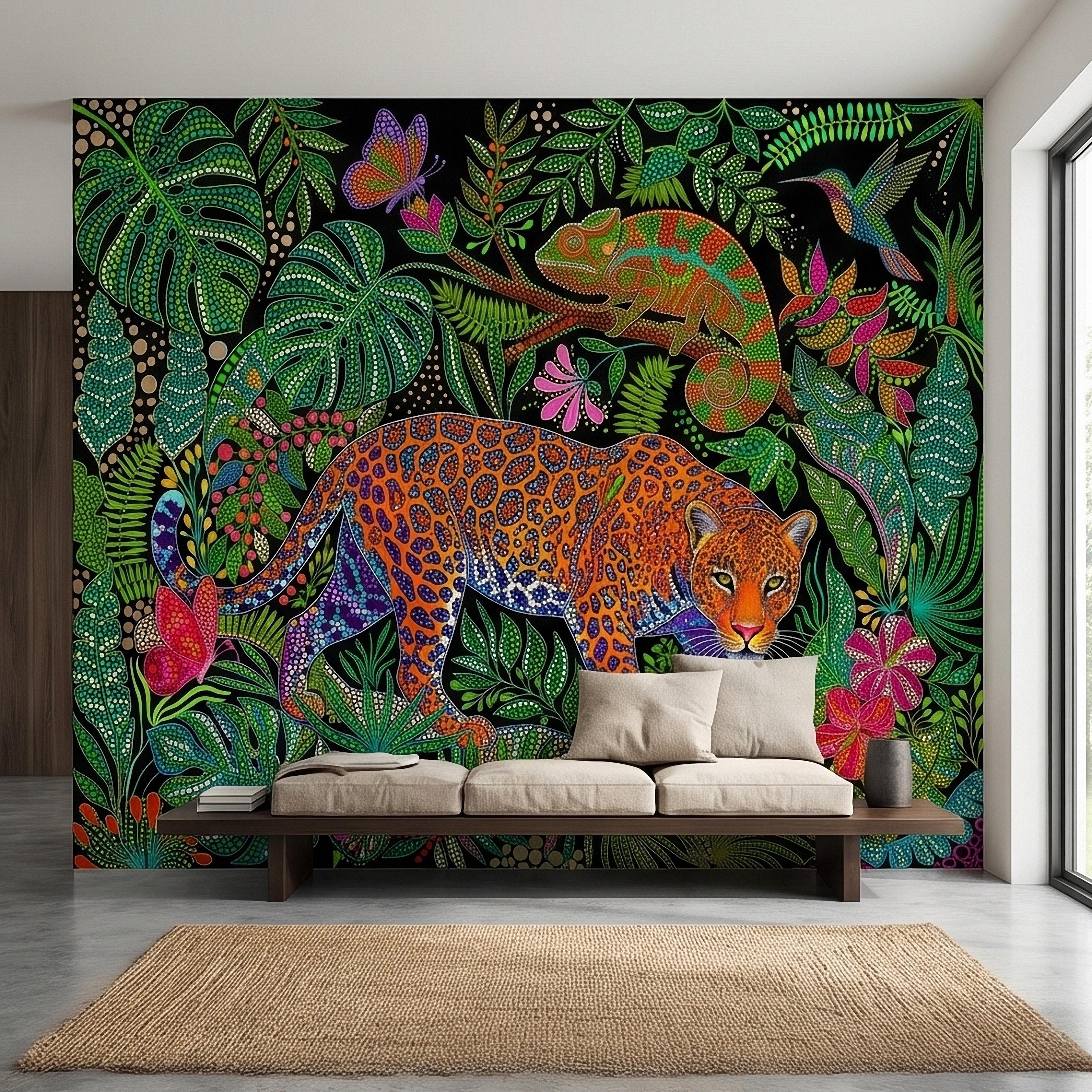 Colorful Jungle Jaguar Peel and Stick Wall Mural, Tropical Chameleon Hummingbird Butterfly Folk Dot Art, Vibrant Black Rainforest Wallpaper