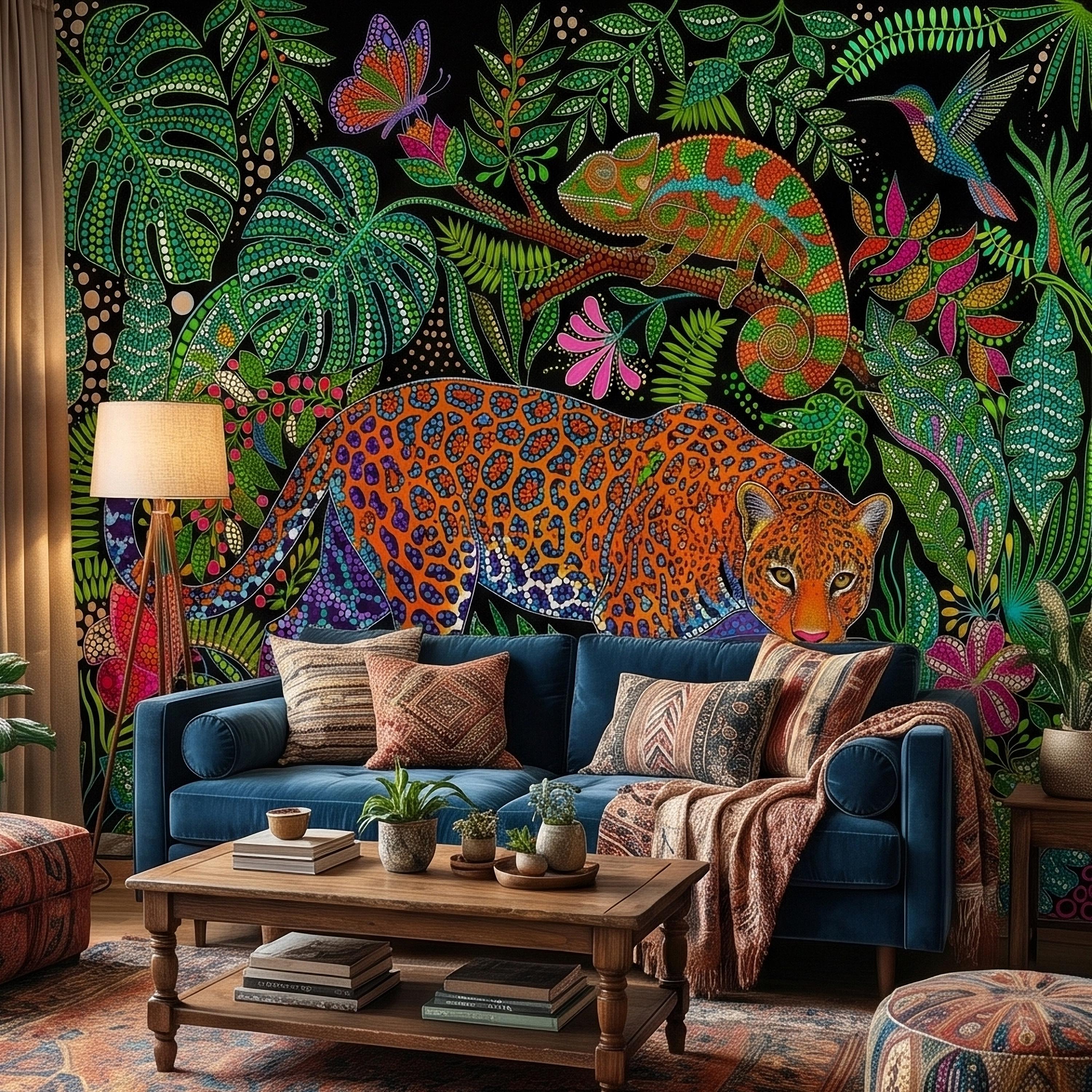 Colorful Jungle Jaguar Peel and Stick Wall Mural, Tropical Chameleon Hummingbird Butterfly Folk Dot Art, Vibrant Black Rainforest Wallpaper