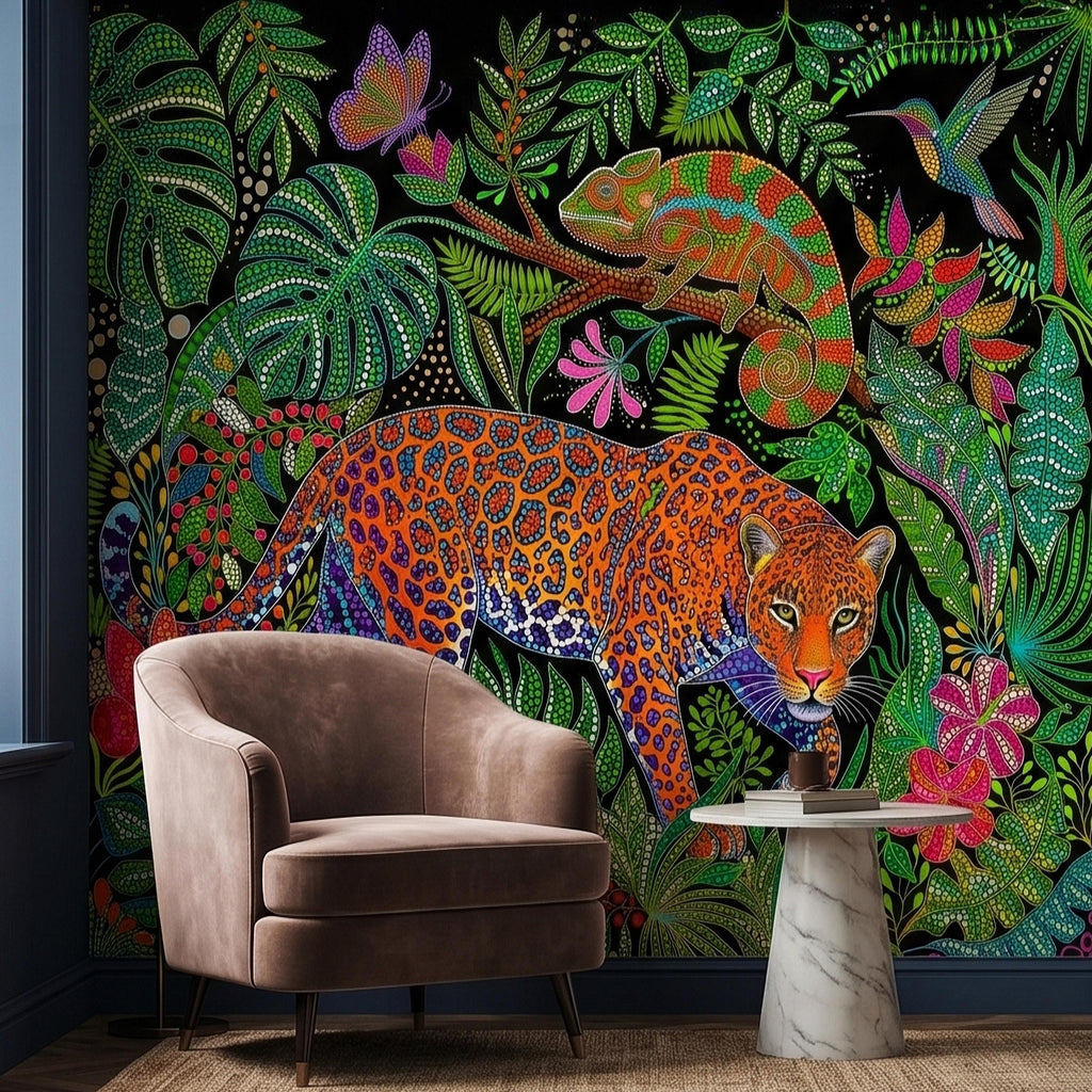 Colorful Jungle Jaguar Peel and Stick Wall Mural, Tropical Chameleon Hummingbird Butterfly Folk Dot Art, Vibrant Black Rainforest Wallpaper
