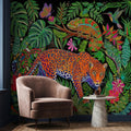 Colorful Jungle Jaguar Peel and Stick Wall Mural, Tropical Chameleon Hummingbird Butterfly Folk Dot Art, Vibrant Black Rainforest Wallpaper