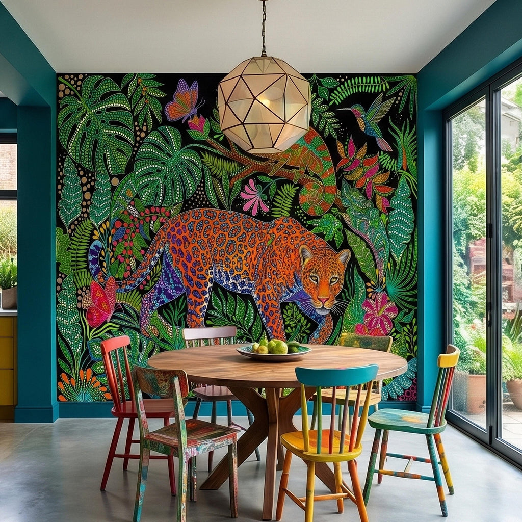 Colorful Jungle Jaguar Peel and Stick Wall Mural, Tropical Chameleon Hummingbird Butterfly Folk Dot Art, Vibrant Black Rainforest Wallpaper