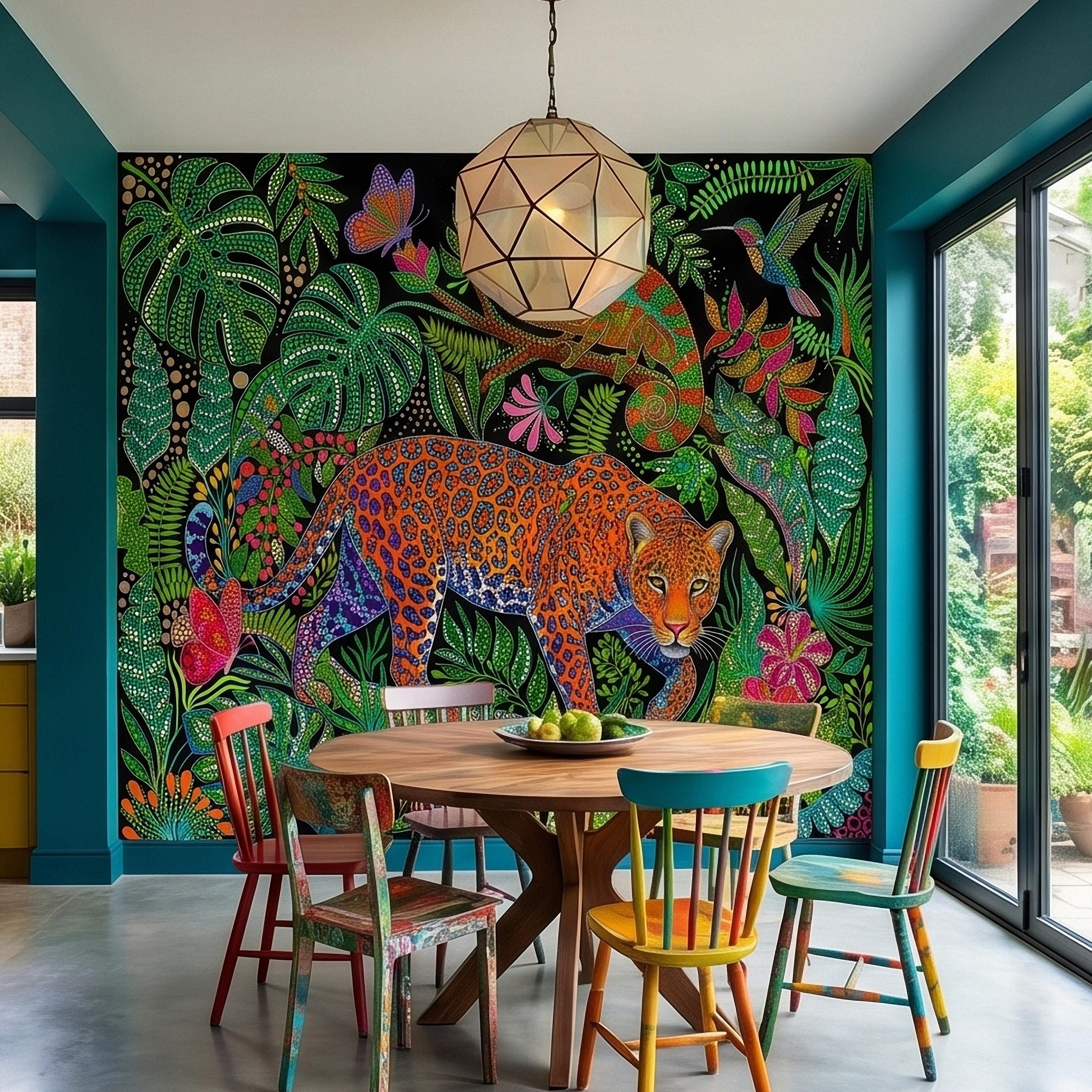 Colorful Jungle Jaguar Peel and Stick Wall Mural, Tropical Chameleon Hummingbird Butterfly Folk Dot Art, Vibrant Black Rainforest Wallpaper