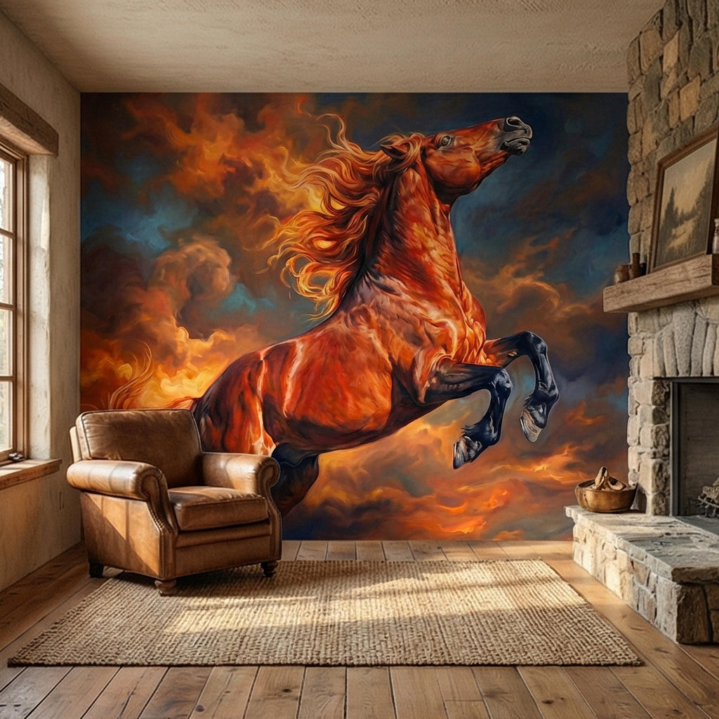 Rearing Chestnut Stallion Sunset Sky Peel and Stick Wall Mural, Golden Hour Clouds Western Equestrian Horse Oil Painting Style Wallpaper