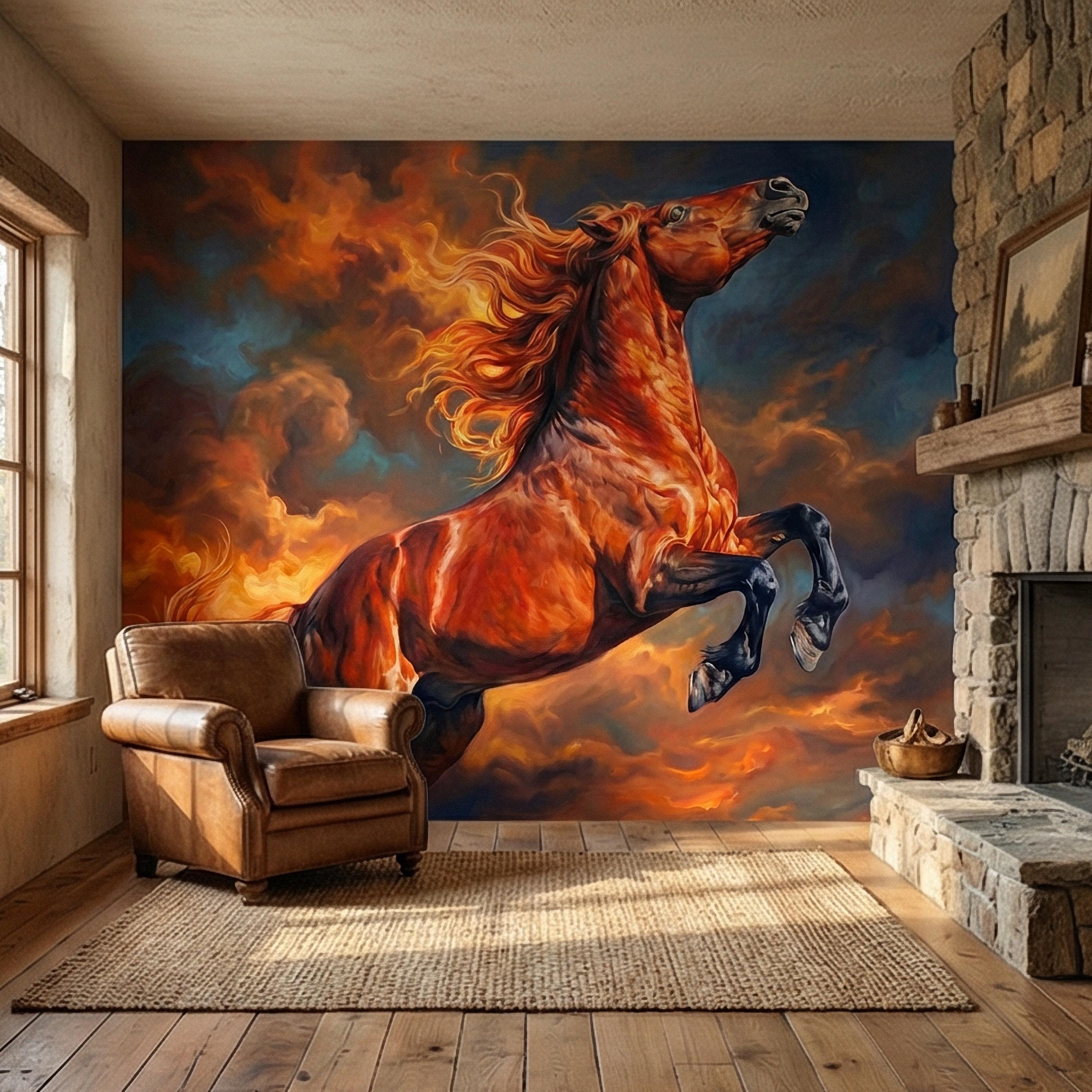 Rearing Chestnut Stallion Sunset Sky Peel and Stick Wall Mural, Golden Hour Clouds Western Equestrian Horse Oil Painting Style Wallpaper