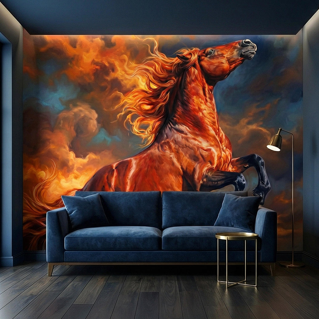 Rearing Chestnut Stallion Sunset Sky Peel and Stick Wall Mural, Golden Hour Clouds Western Equestrian Horse Oil Painting Style Wallpaper