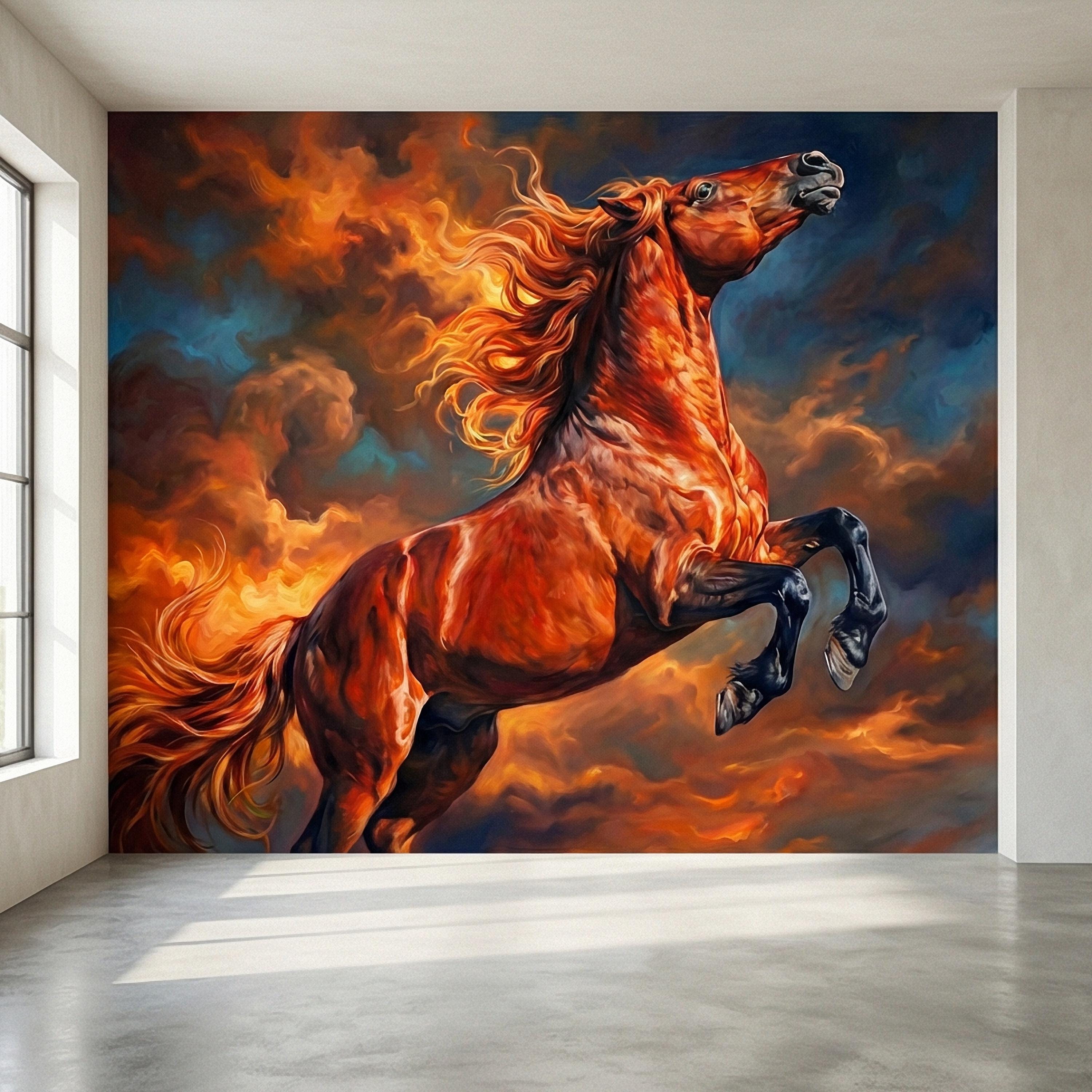 Rearing Chestnut Stallion Sunset Sky Peel and Stick Wall Mural, Golden Hour Clouds Western Equestrian Horse Oil Painting Style Wallpaper