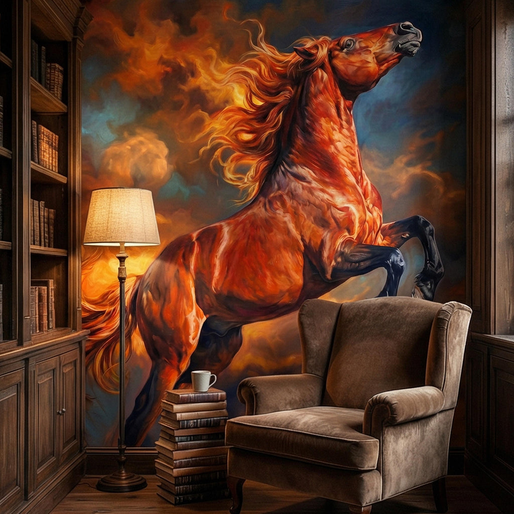 Rearing Chestnut Stallion Sunset Sky Peel and Stick Wall Mural, Golden Hour Clouds Western Equestrian Horse Oil Painting Style Wallpaper