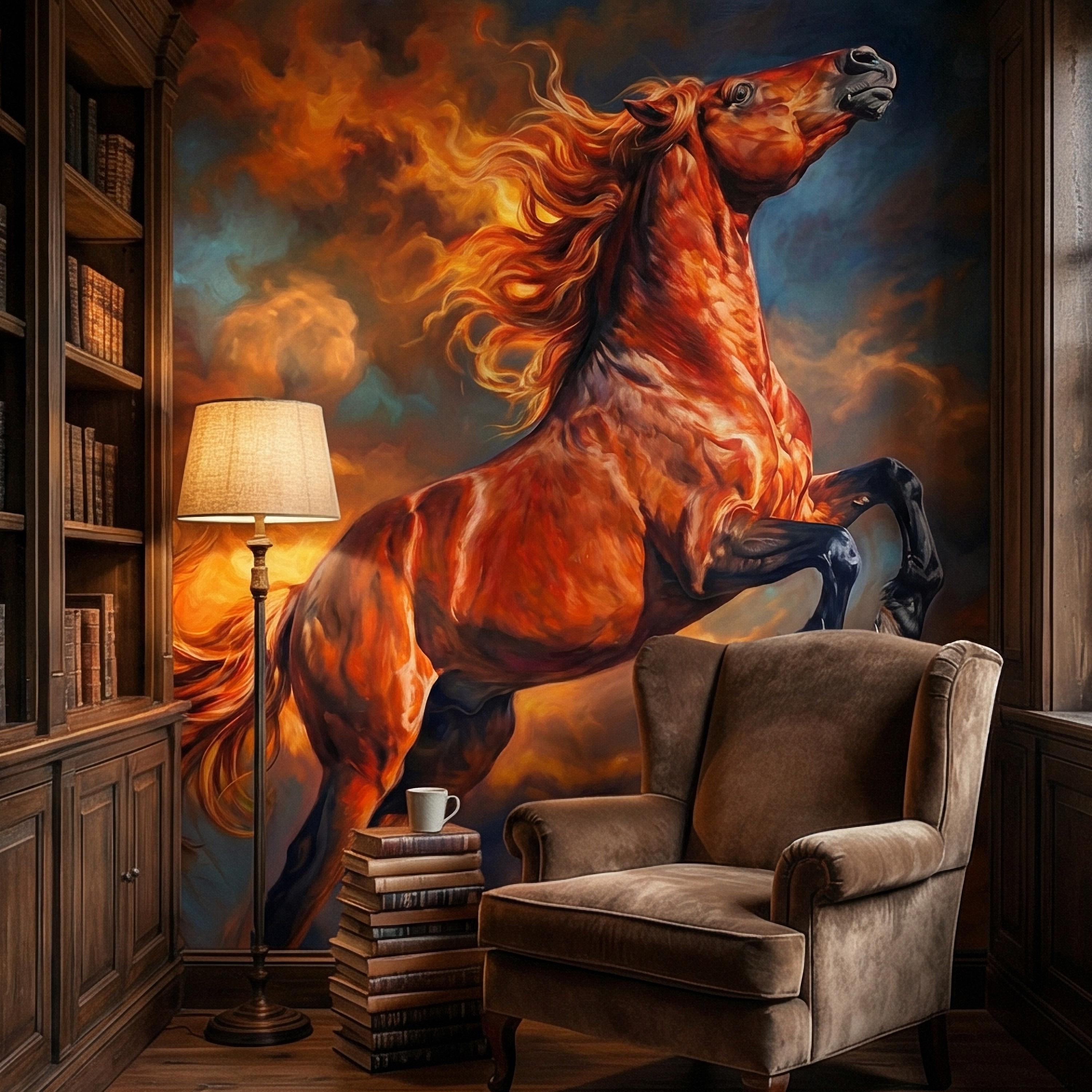 Rearing Chestnut Stallion Sunset Sky Peel and Stick Wall Mural, Golden Hour Clouds Western Equestrian Horse Oil Painting Style Wallpaper