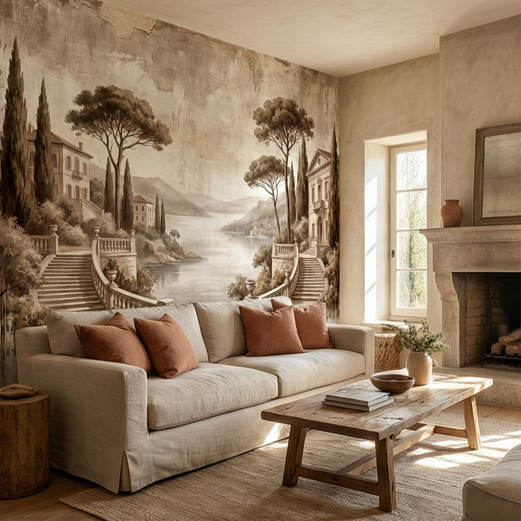Italian Lake Peel and Stick Wall Mural, Vintage Villa Landscape, Neutral Old World Scenic, Mediterranean Wallpaper
