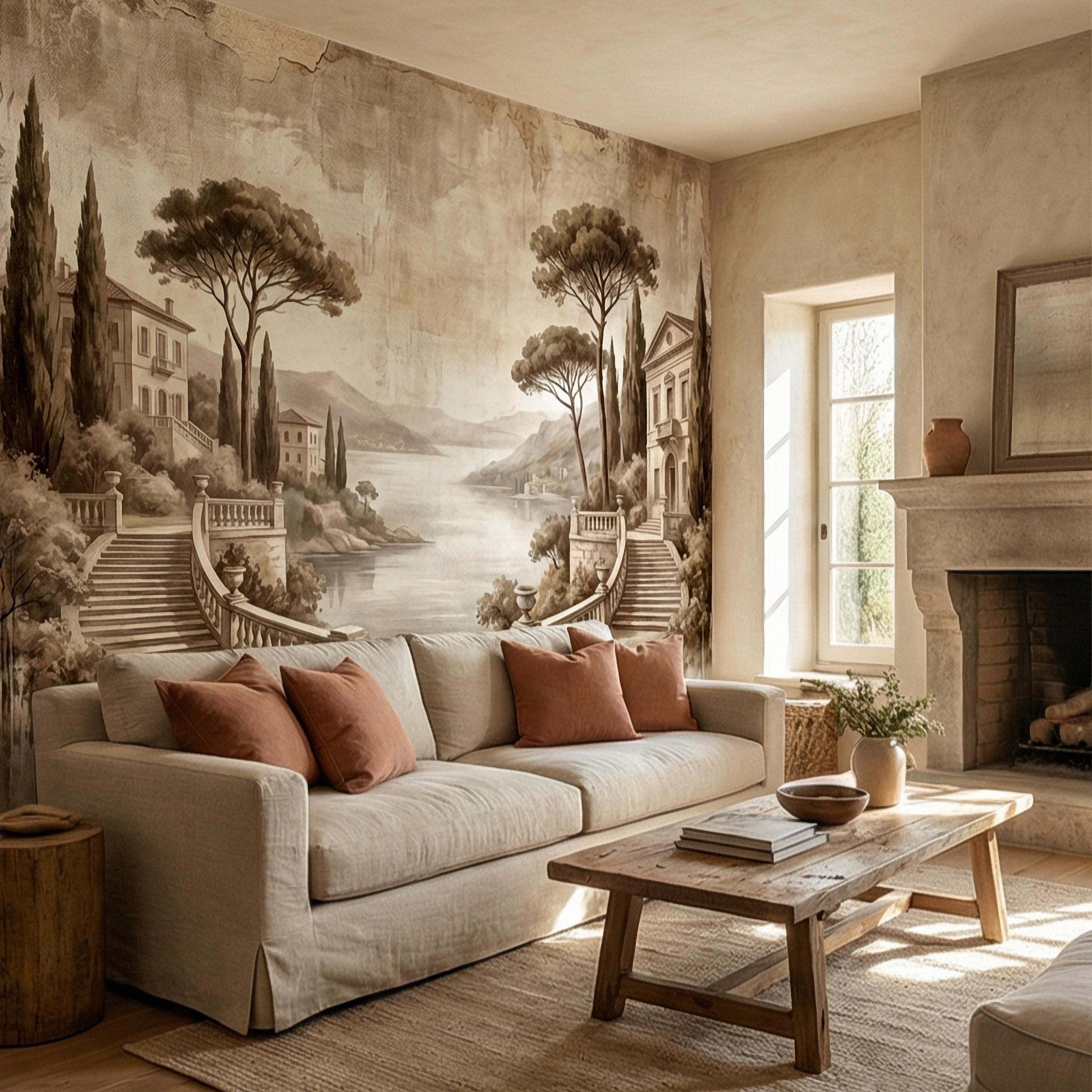 Italian Lake Peel and Stick Wall Mural, Vintage Villa Landscape, Neutral Old World Scenic, Mediterranean Wallpaper