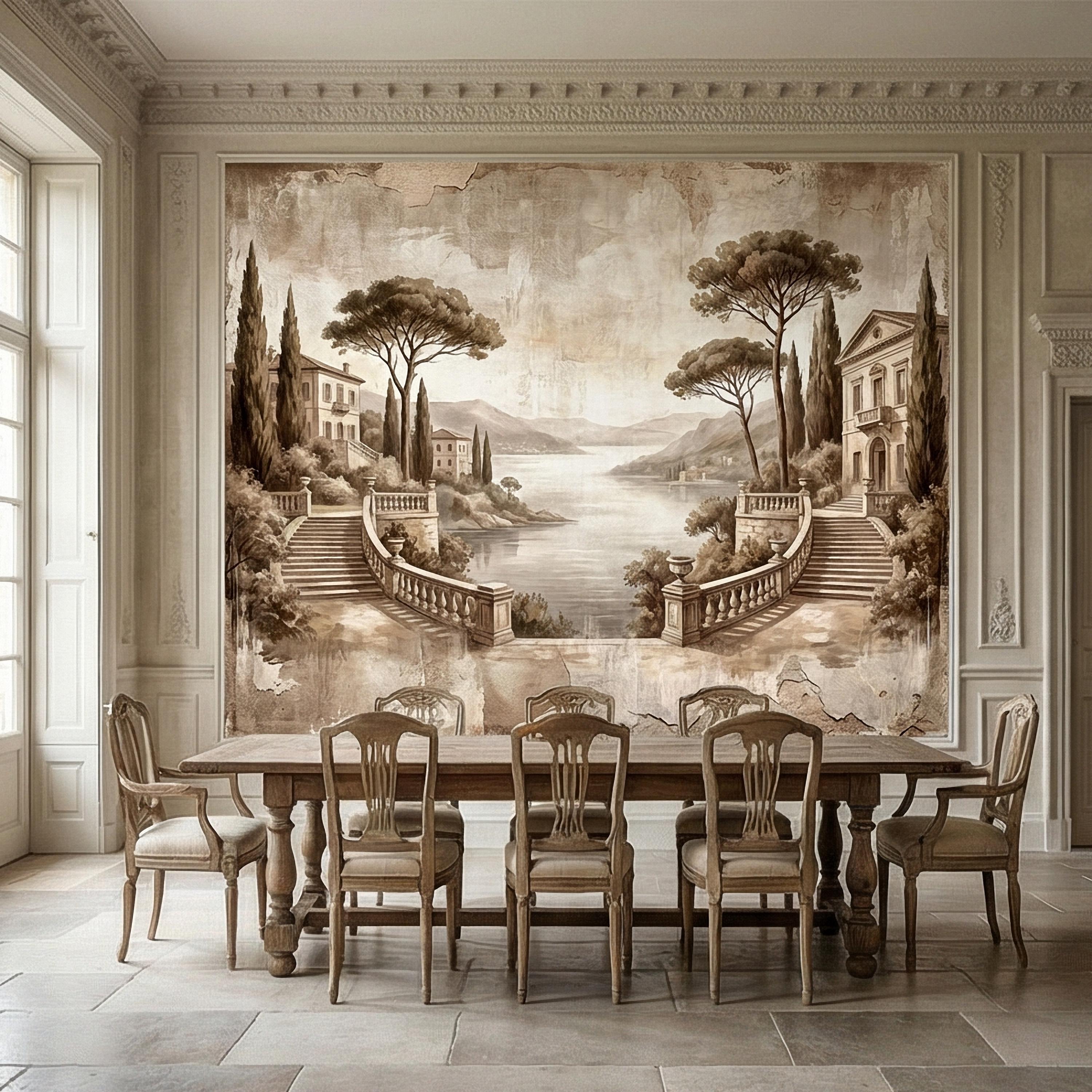 Italian Lake Peel and Stick Wall Mural, Vintage Villa Landscape, Neutral Old World Scenic, Mediterranean Wallpaper