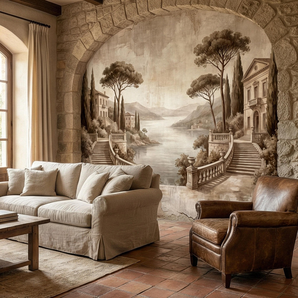 Italian Lake Peel and Stick Wall Mural, Vintage Villa Landscape, Neutral Old World Scenic, Mediterranean Wallpaper