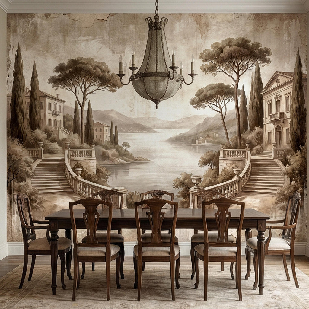 Italian Lake Peel and Stick Wall Mural, Vintage Villa Landscape, Neutral Old World Scenic, Mediterranean Wallpaper
