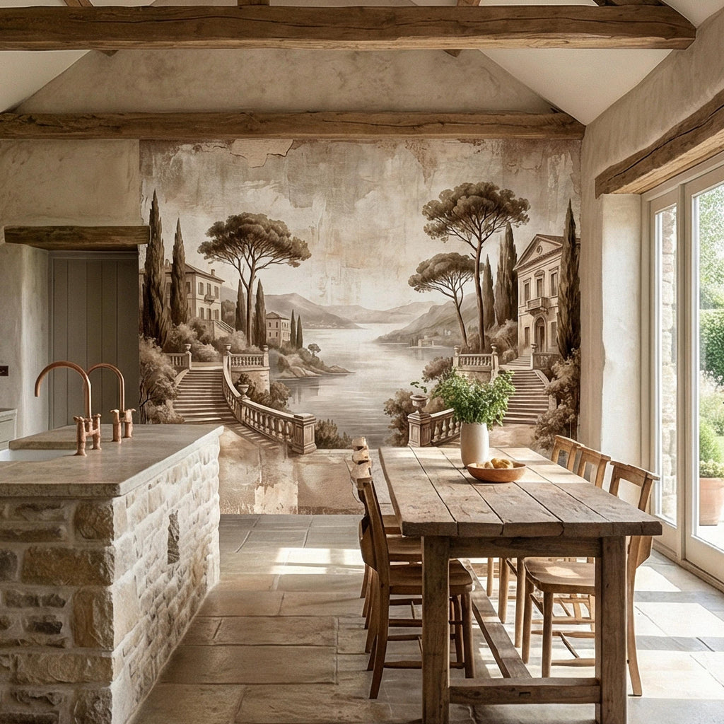 Italian Lake Peel and Stick Wall Mural, Vintage Villa Landscape, Neutral Old World Scenic, Mediterranean Wallpaper