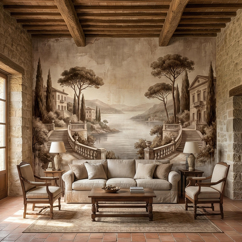 Italian Lake Peel and Stick Wall Mural, Vintage Villa Landscape, Neutral Old World Scenic, Mediterranean Wallpaper