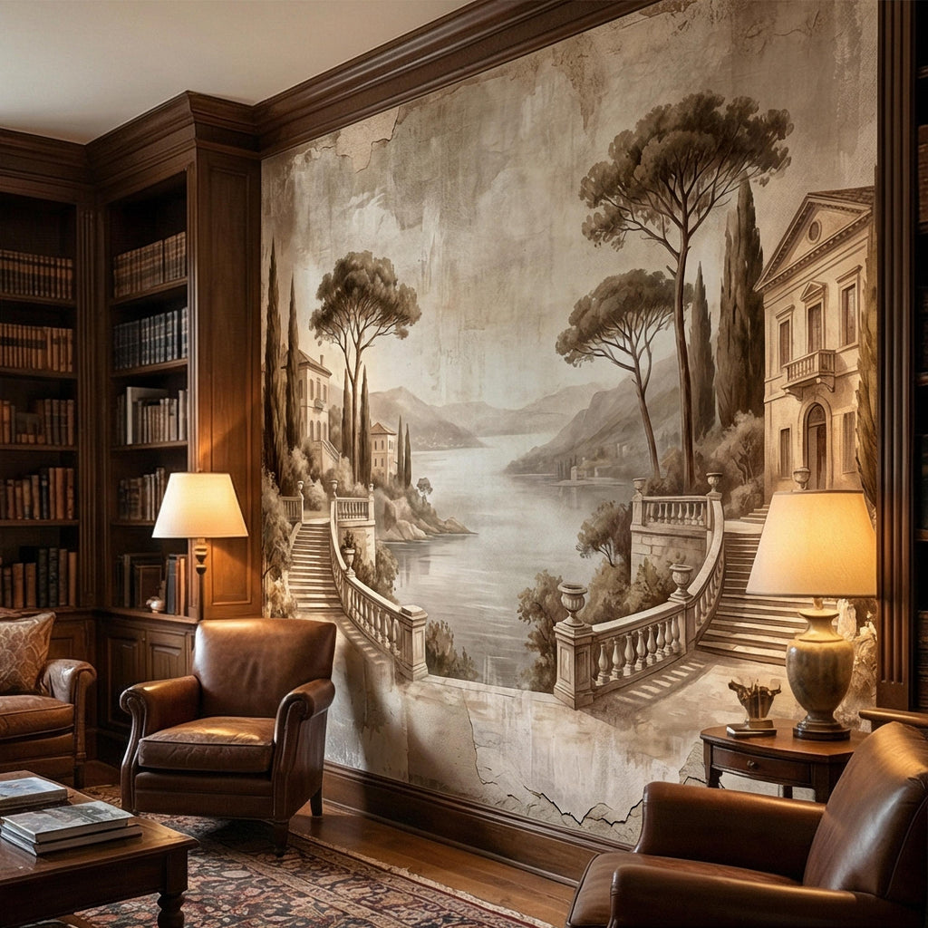 Italian Lake Peel and Stick Wall Mural, Vintage Villa Landscape, Neutral Old World Scenic, Mediterranean Wallpaper