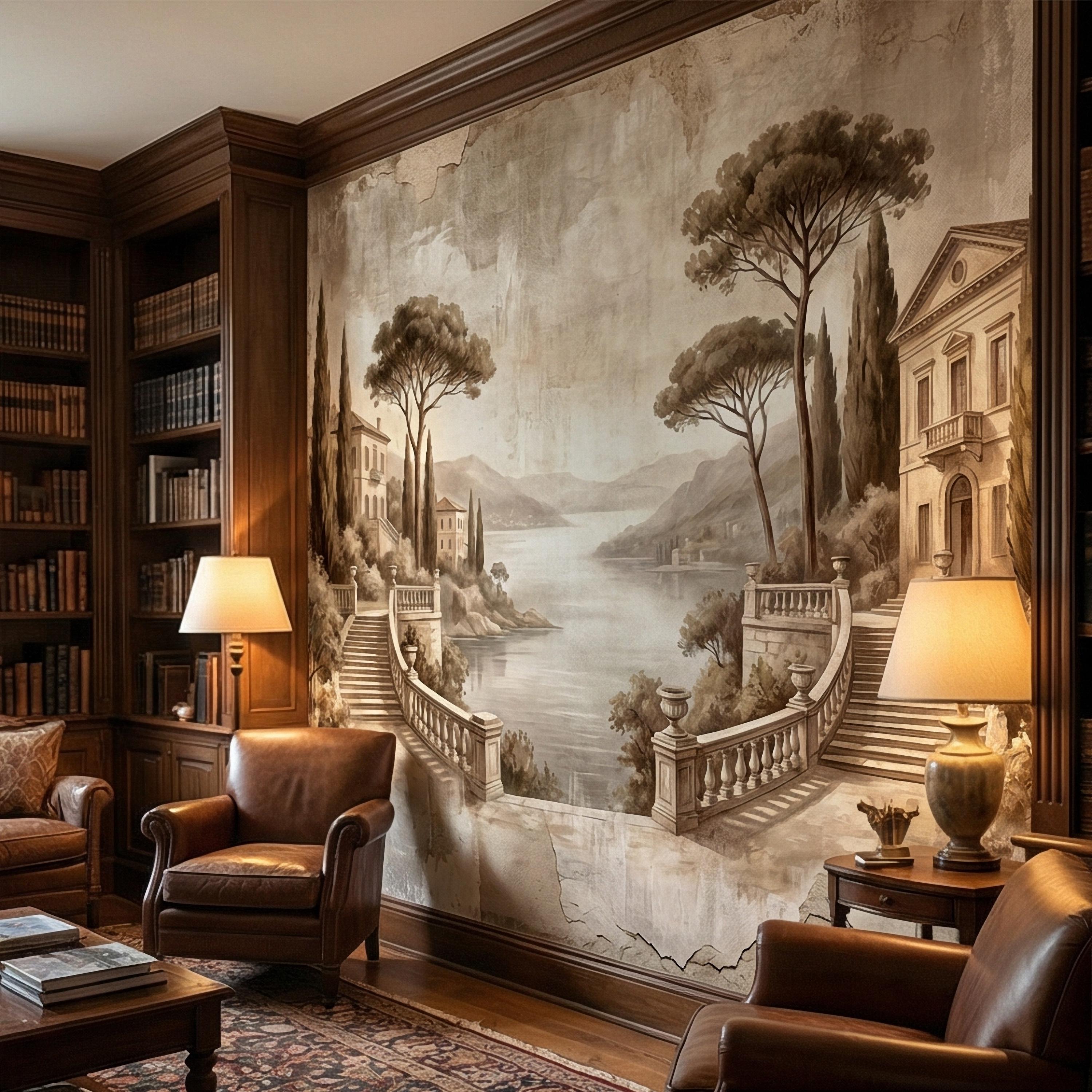 Italian Lake Peel and Stick Wall Mural, Vintage Villa Landscape, Neutral Old World Scenic, Mediterranean Wallpaper