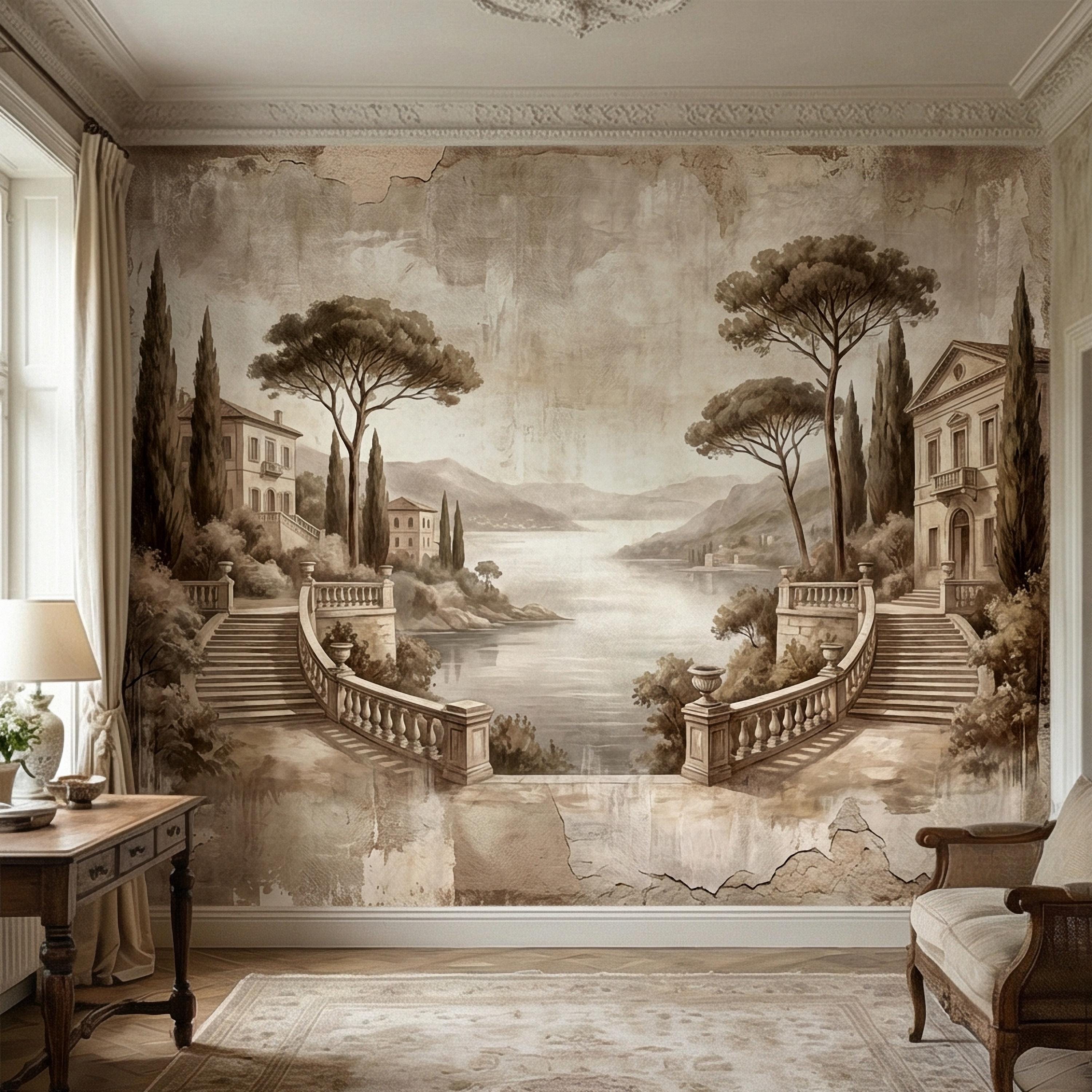 Italian Lake Peel and Stick Wall Mural, Vintage Villa Landscape, Neutral Old World Scenic, Mediterranean Wallpaper