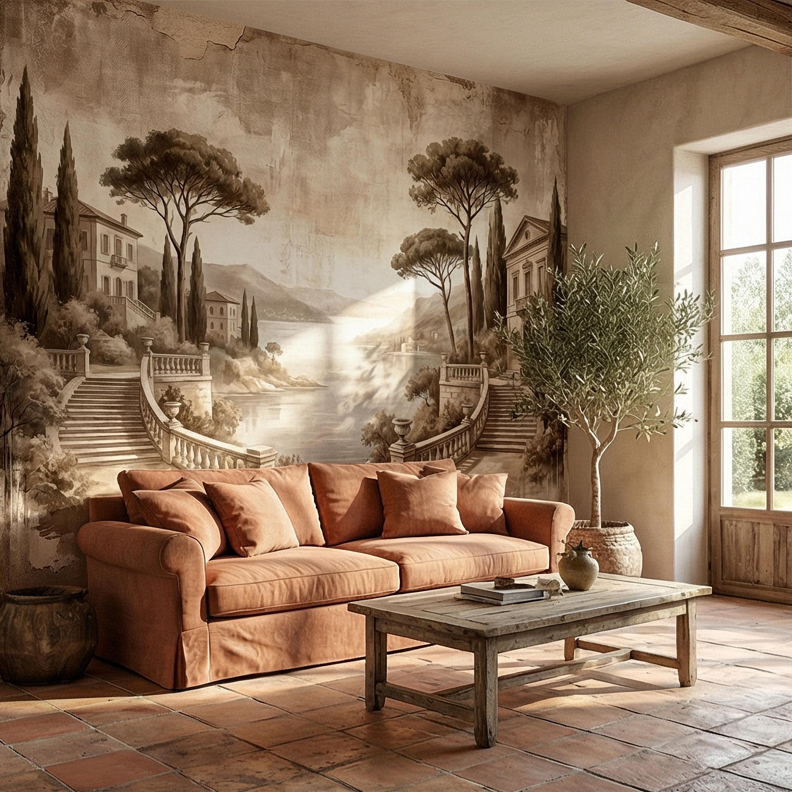 Italian Lake Peel and Stick Wall Mural, Vintage Villa Landscape, Neutral Old World Scenic, Mediterranean Wallpaper