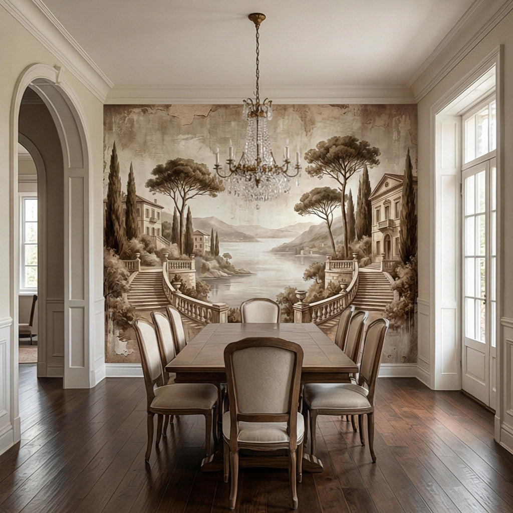 Italian Lake Peel and Stick Wall Mural, Vintage Villa Landscape, Neutral Old World Scenic, Mediterranean Wallpaper