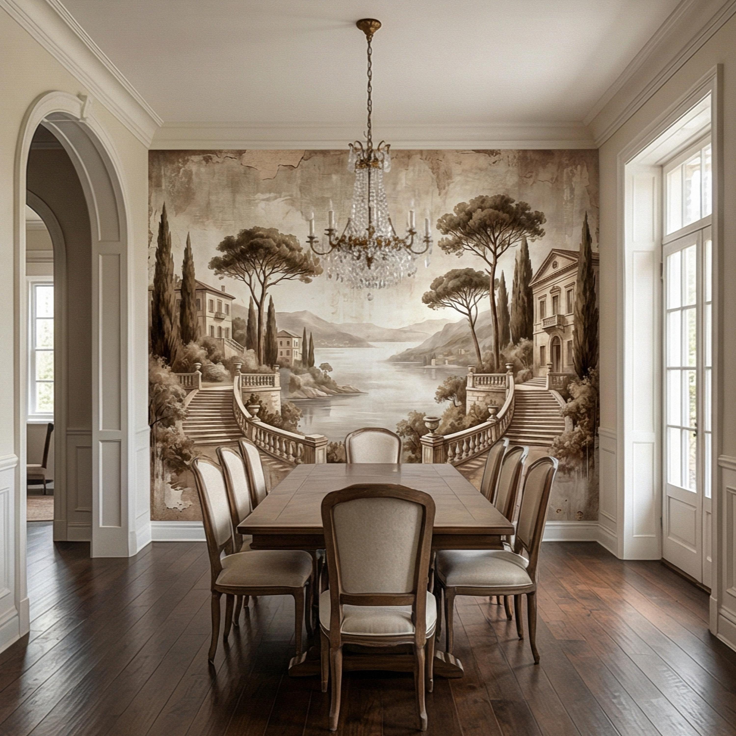 Italian Lake Peel and Stick Wall Mural, Vintage Villa Landscape, Neutral Old World Scenic, Mediterranean Wallpaper