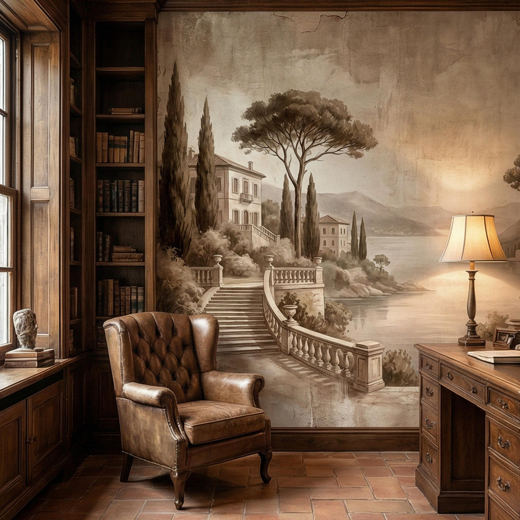 Italian Lake Peel and Stick Wall Mural, Vintage Villa Landscape, Neutral Old World Scenic, Mediterranean Wallpaper