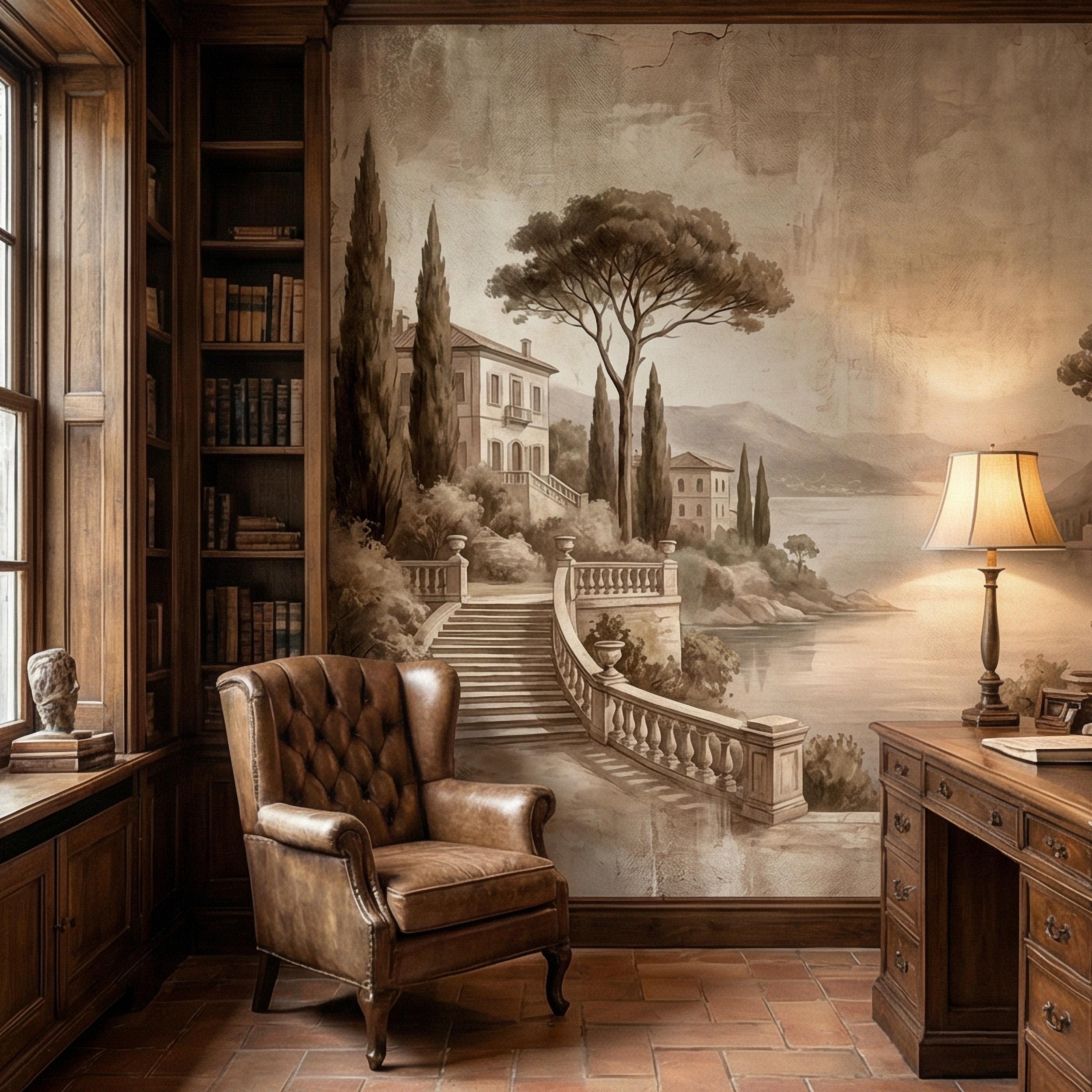 Italian Lake Peel and Stick Wall Mural, Vintage Villa Landscape, Neutral Old World Scenic, Mediterranean Wallpaper