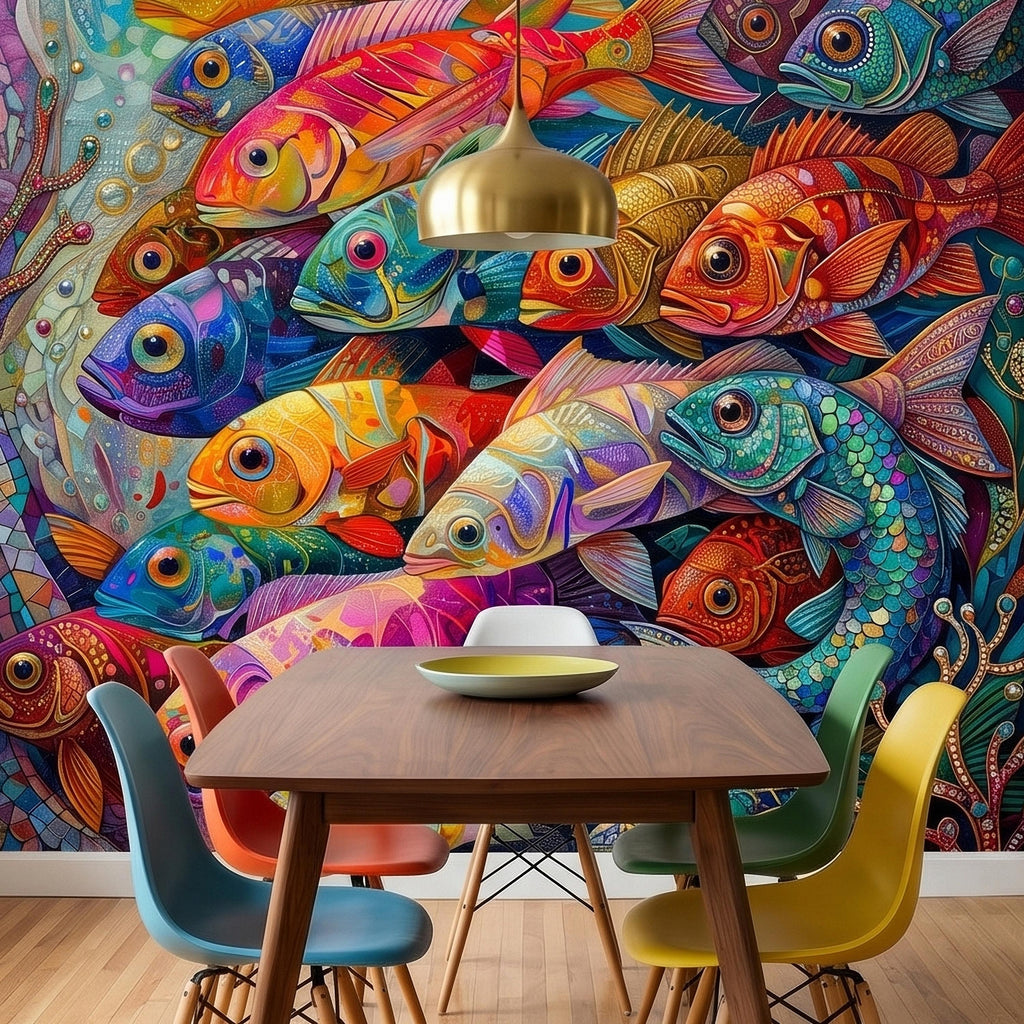 Colorful Tropical Fish Underwater Reef Peel and Stick Wall Mural, Vibrant Ocean Sea Life Illustration Collage, Nautical Coastal Wallpaper