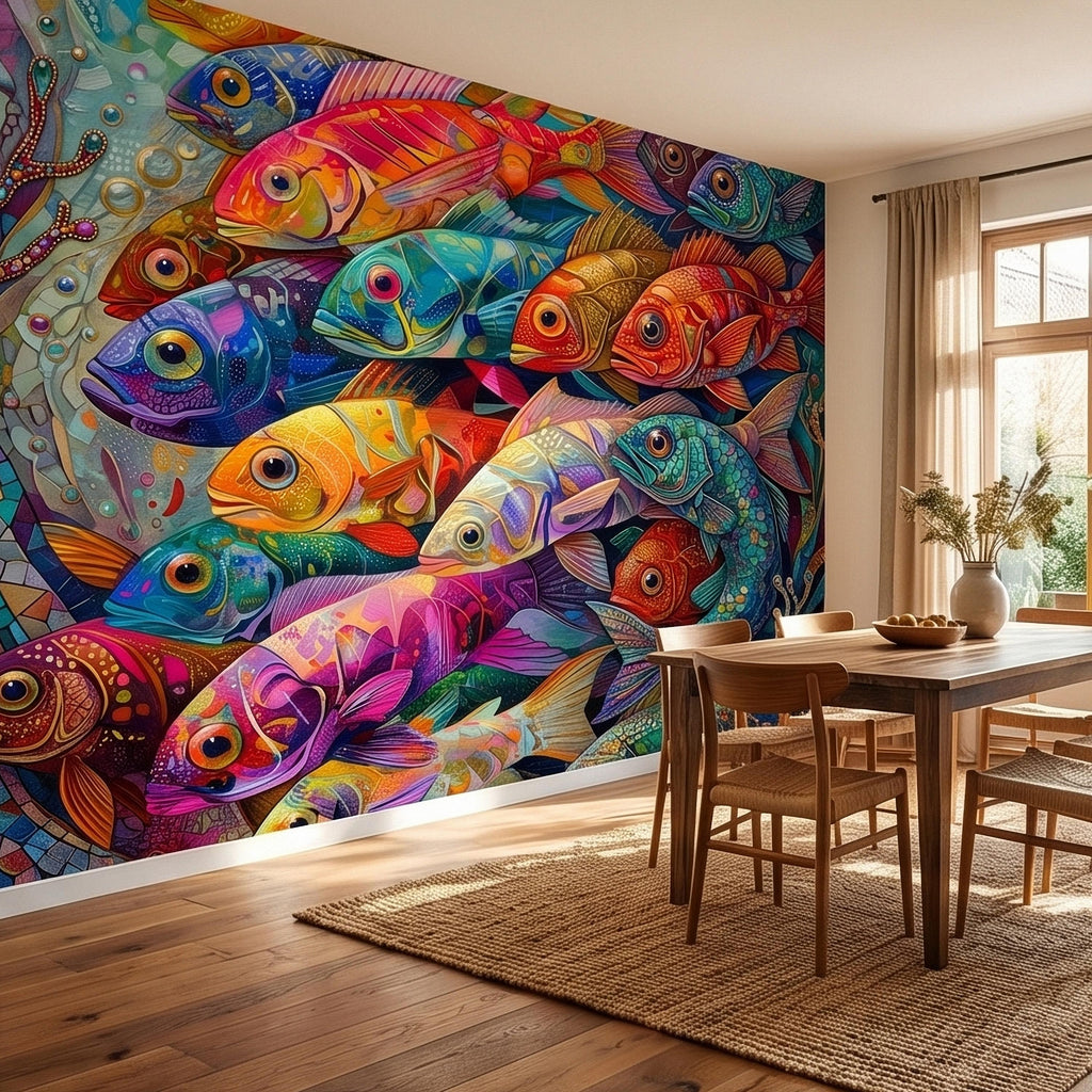 Colorful Tropical Fish Underwater Reef Peel and Stick Wall Mural, Vibrant Ocean Sea Life Illustration Collage, Nautical Coastal Wallpaper